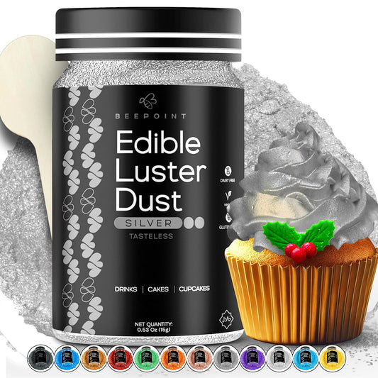 BeePoint Silver Edible Luster Dust 15g - Food Grade, Vibrant Color Shimmer Powdered Dust for Drinks, Cocktails, Cake Decorating, Baking, Chocolates, Candy, Sweets, & Cookies - Vegan & Gluten Free