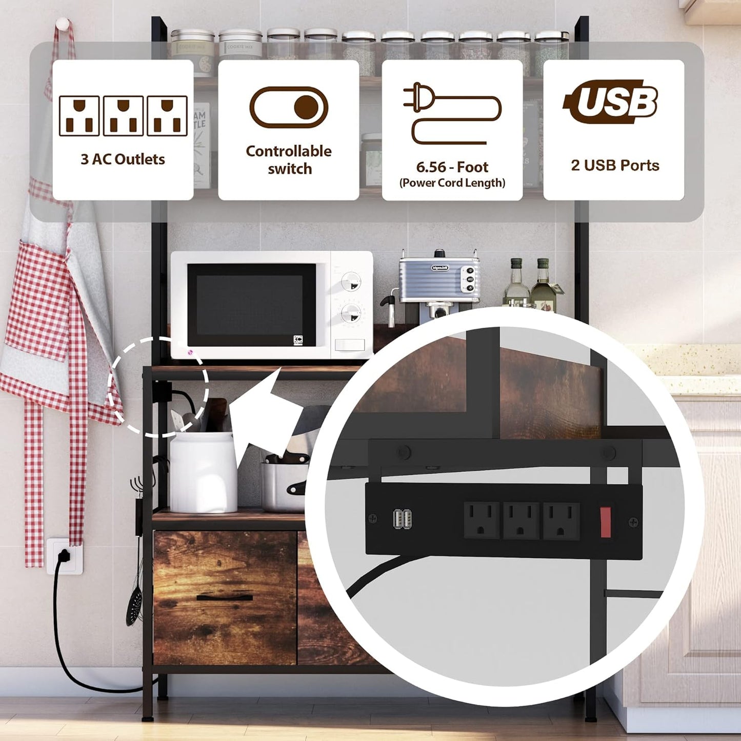 Kitchen Bakers Rack with Power Outlet,5-Tier Free Standing Storage Shelf Bakers Rack with Baskets,Industrial Microwave Oven Stand,Metal Kitchen Rack Organizer with Hooks