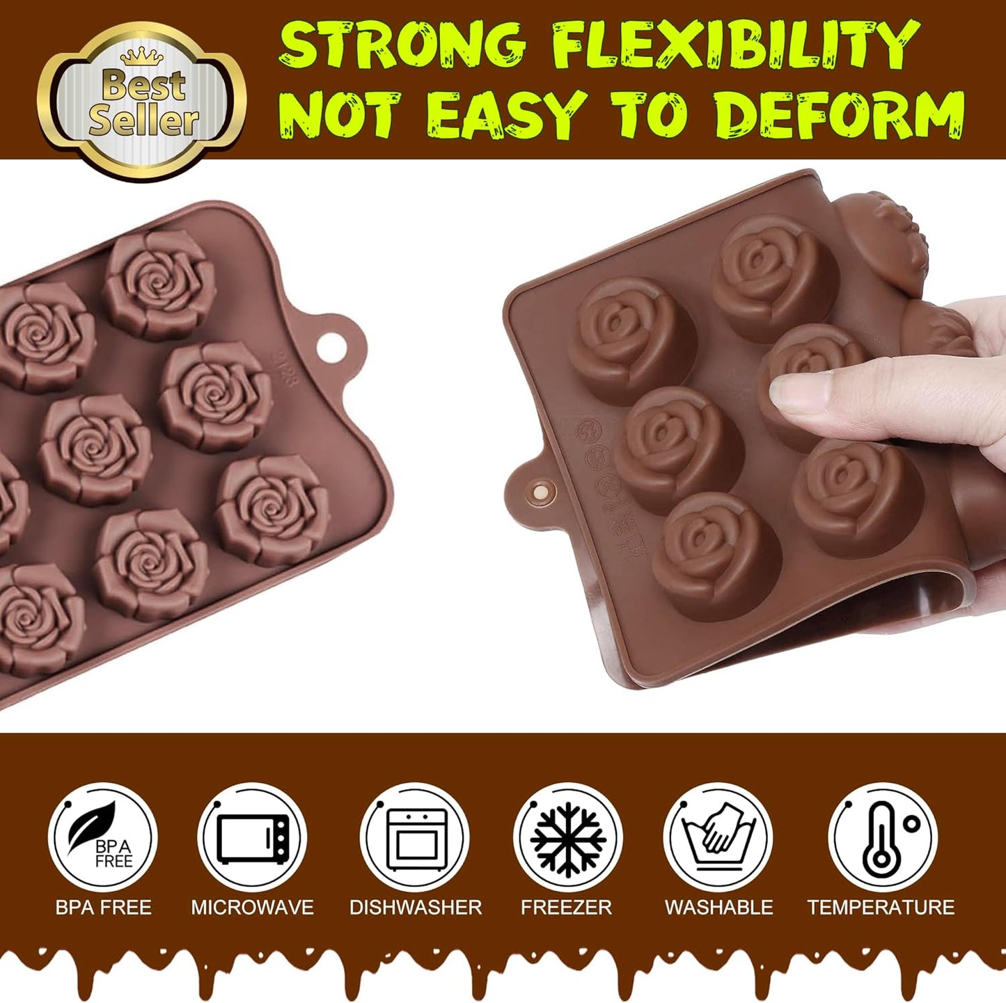 Rose Flower Shaped Silicone Chocolate Molds，BPA Free & Non-stick Silicone Tray for Hard Candy Caramels Jello Gummy Truffles Ice Cubes Soap - 4 Pack