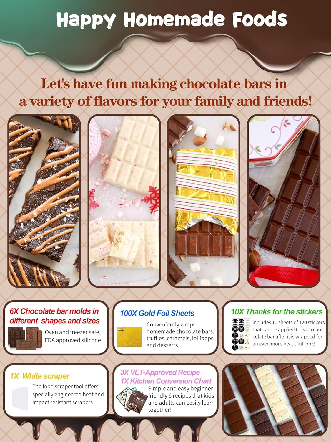 (120PCS) 6 Models Deep Chocolate Bar Mold - Food Grade Silicone Mold for Dubai Chocolate Bar Pistachio,With Recipes/Scraper/Wrapping Paper/Stickers