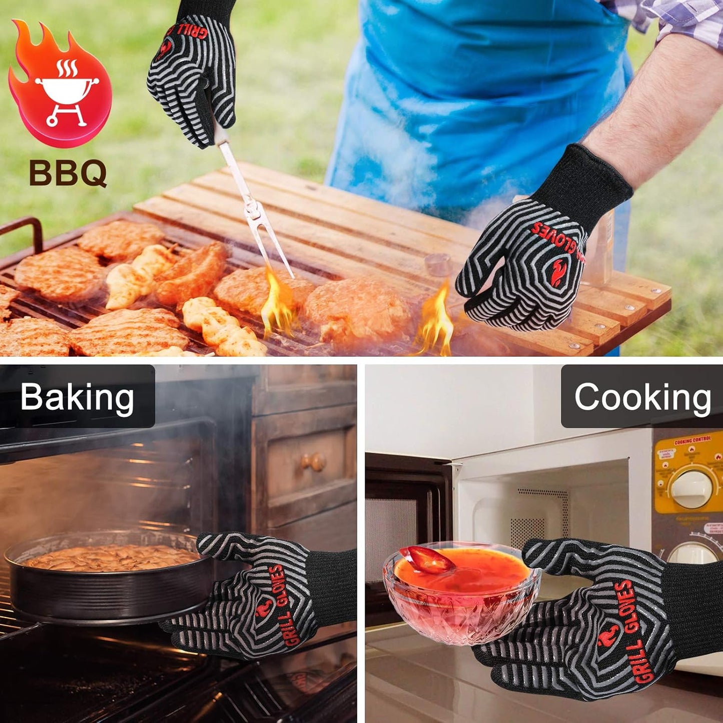 QUWIN BBQ Gloves, Oven Gloves, Grilling Gloves Silicone Non-Slip Oven Mitts, Kitchen Gloves for BBQ, Grilling, Cooking, Baking-1 Pair… (Black, One Size Fits Most)