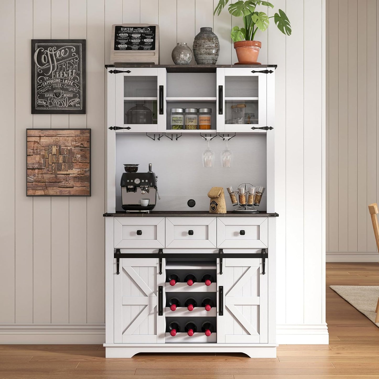 Coffee Bar Cabinet with Sliding Barn Doors 71'' Farmhouse White Pantry Cabinet with Drawers & Wine Glass Rack Rustic Buffet Cabinet for Kitchen, Black