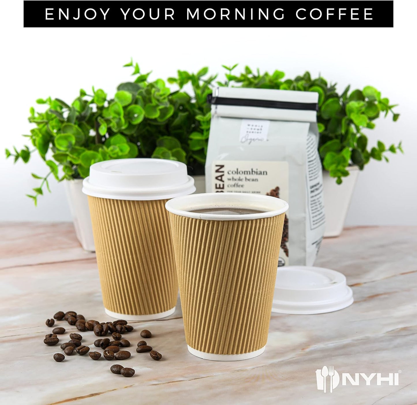 NYHI 100 12 oz Ripple Kraft Paper Cups Brown Hot Cold with Lids 3 Layer Rippled Small Insulated Disposable Coffee Cups for Cappuccino Hot Cocoa or Iced Drinks