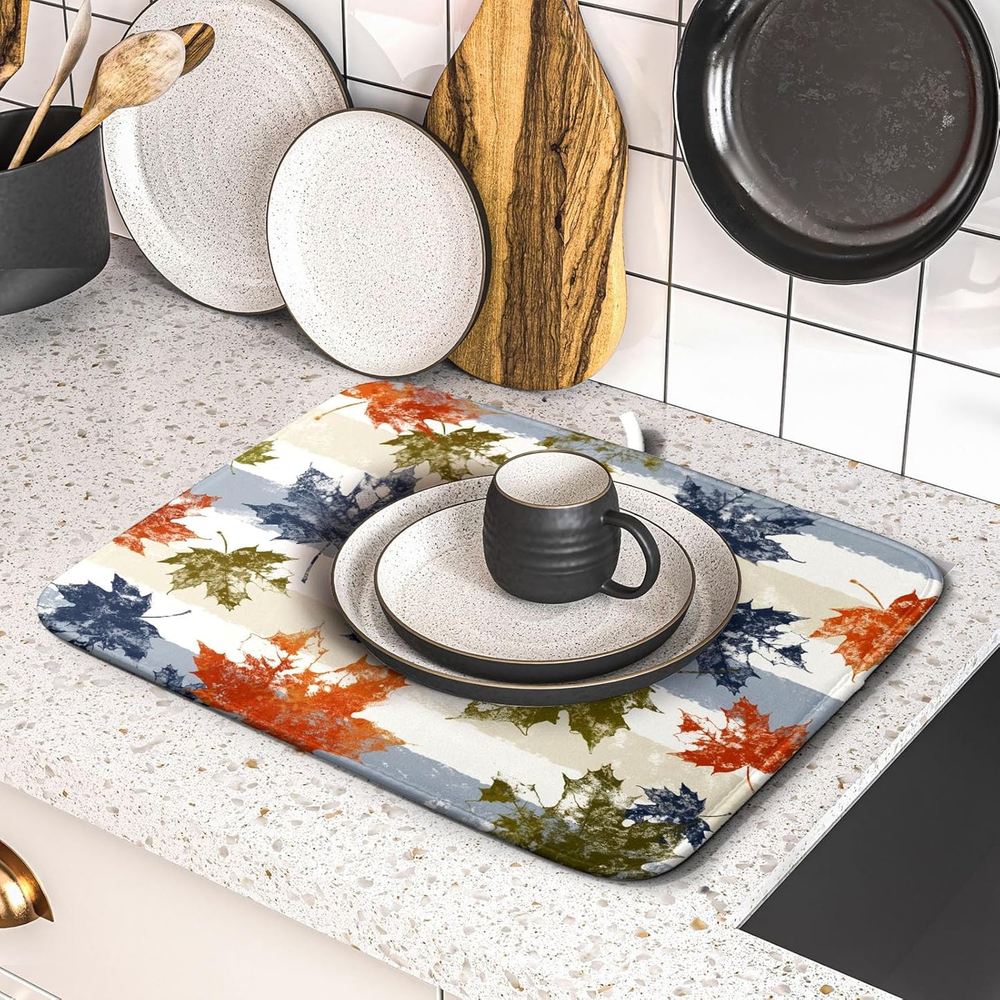 Autumn Colorful Maple Leaves Dish Drying Mat for Kitchen Counter,Blue and White Stripe Drying Mat 16 x 18 Inch with Absorbent Reversible Microfiber Dish Drying Pad Dish Rack Drainer Mat for Coffee Bar