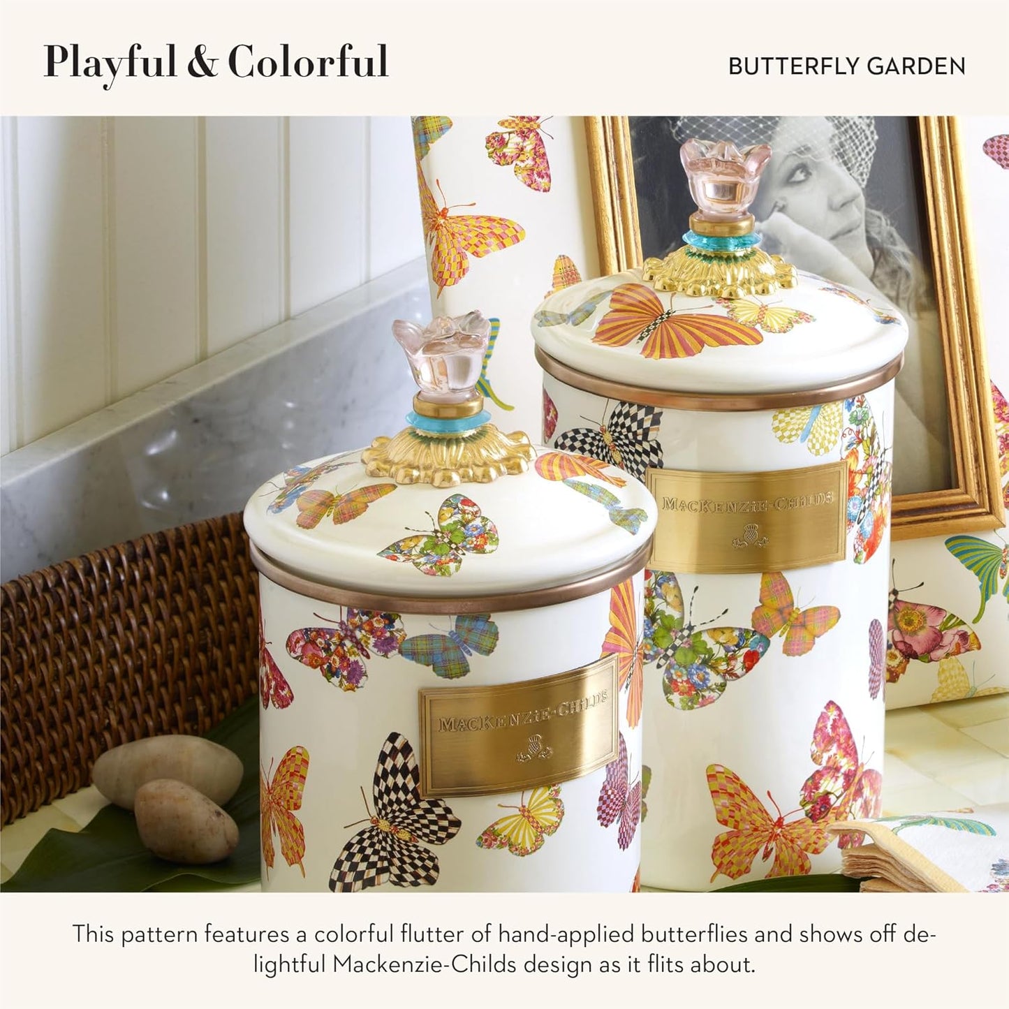 MACKENZIE-CHILDS Butterfly Garden Enamel Canister, Pretty Kitchen Storage Container with Lid, Medium