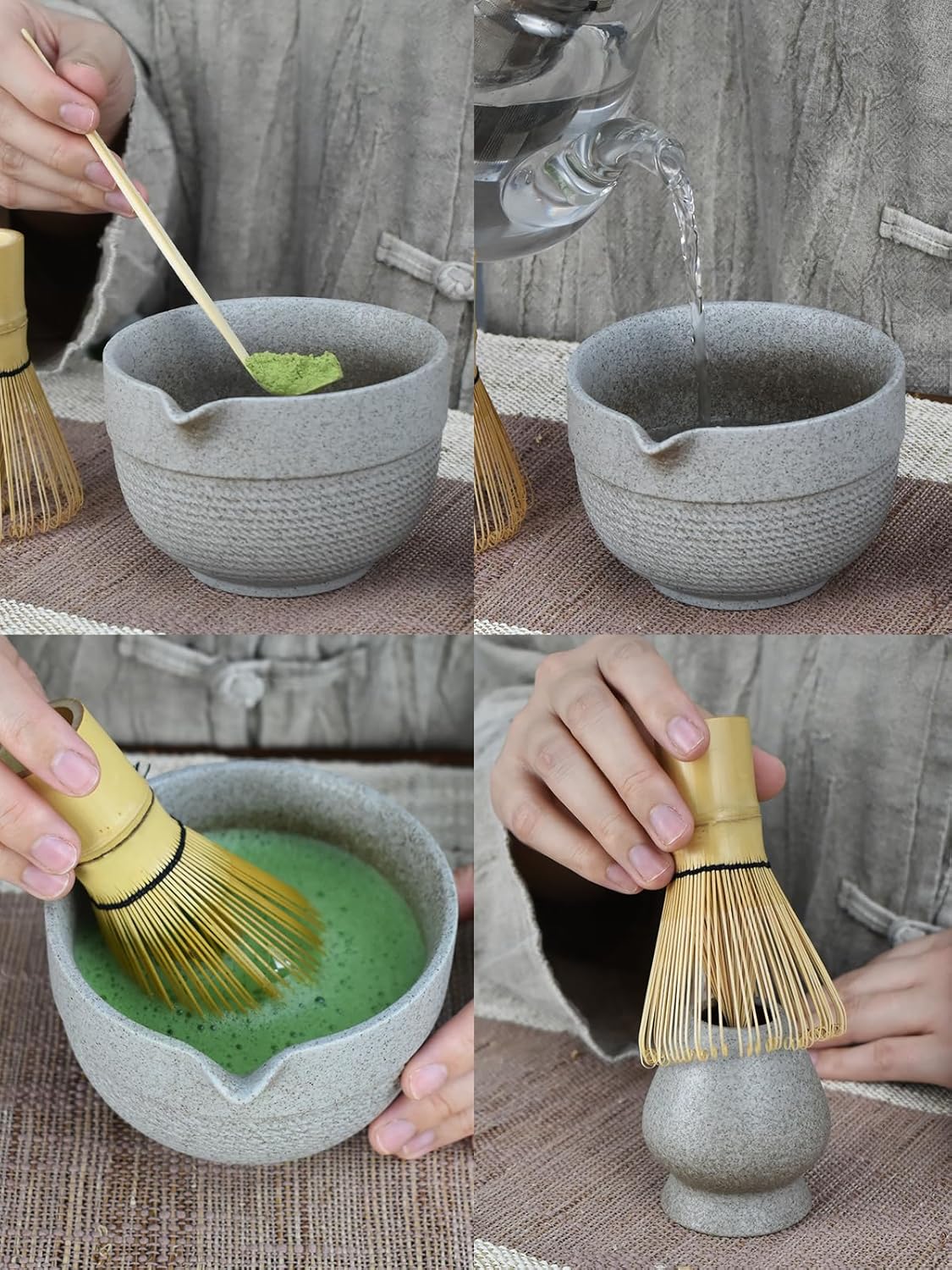 Matcha Tea Set – 4 Piece Traditional Japanese Matcha Kit with Pouring Spout Bowl, Whisk, Holder, Scoop & Guide – Ceramic Matcha Bowl for Authentic Tea Ceremony & Daily Ritual