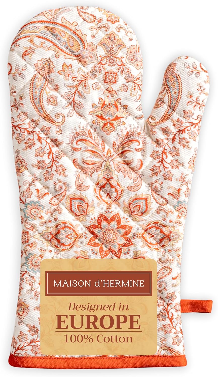 Maison d' Hermine Oven Gloves 100% Cotton Oven Mitt 7" x 13" with Loop Heat Resistant, BBQ, Cooking Gloves, Baking, Grilling, Kitchen, Handling Hot Pans (Pack of 1, Cachemire)