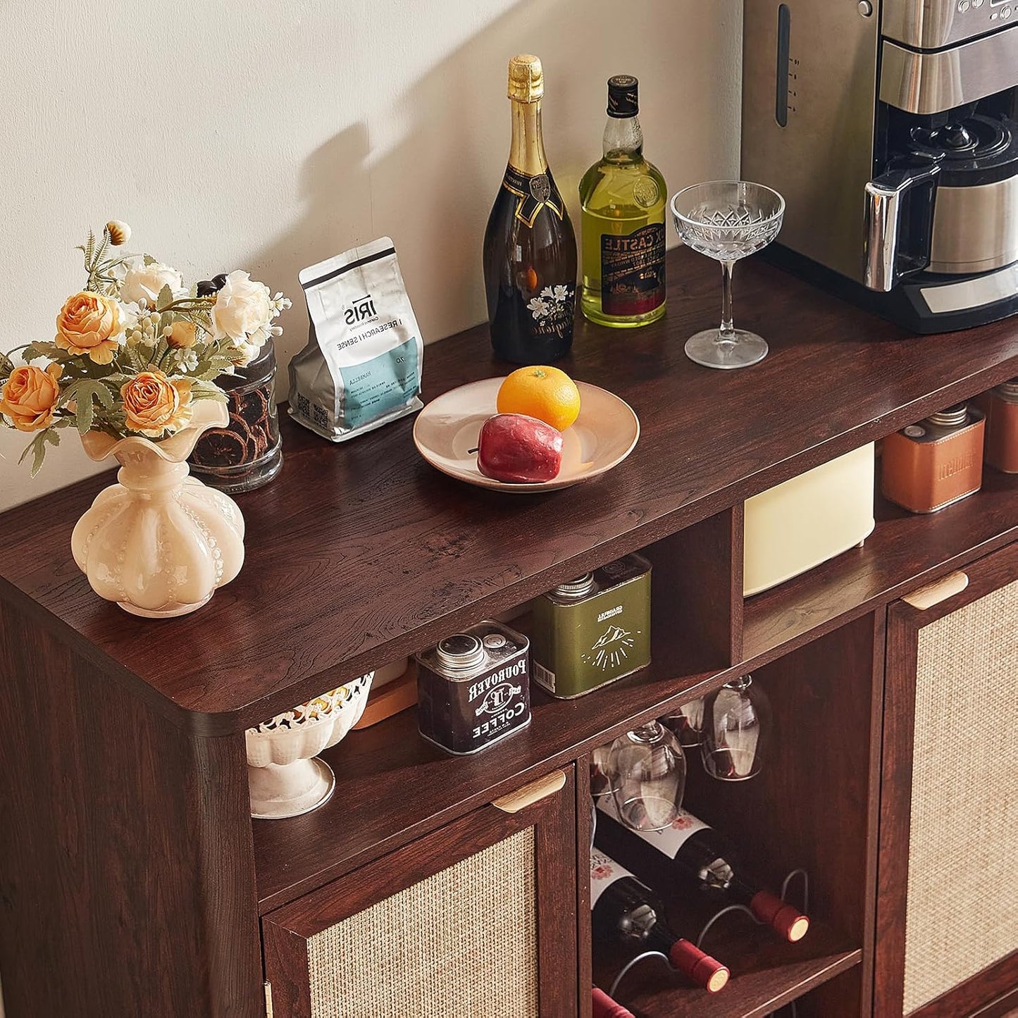 Lerliuo 47.2" Rattan Wine & Liquor Cabinet with 2 Doors, Boho Farmhouse Coffee Bar Station, Built-in Wine Racks & Storage, Adjustable Shelves for Living Room, Dining Room, Kitchen, Walnut Brown