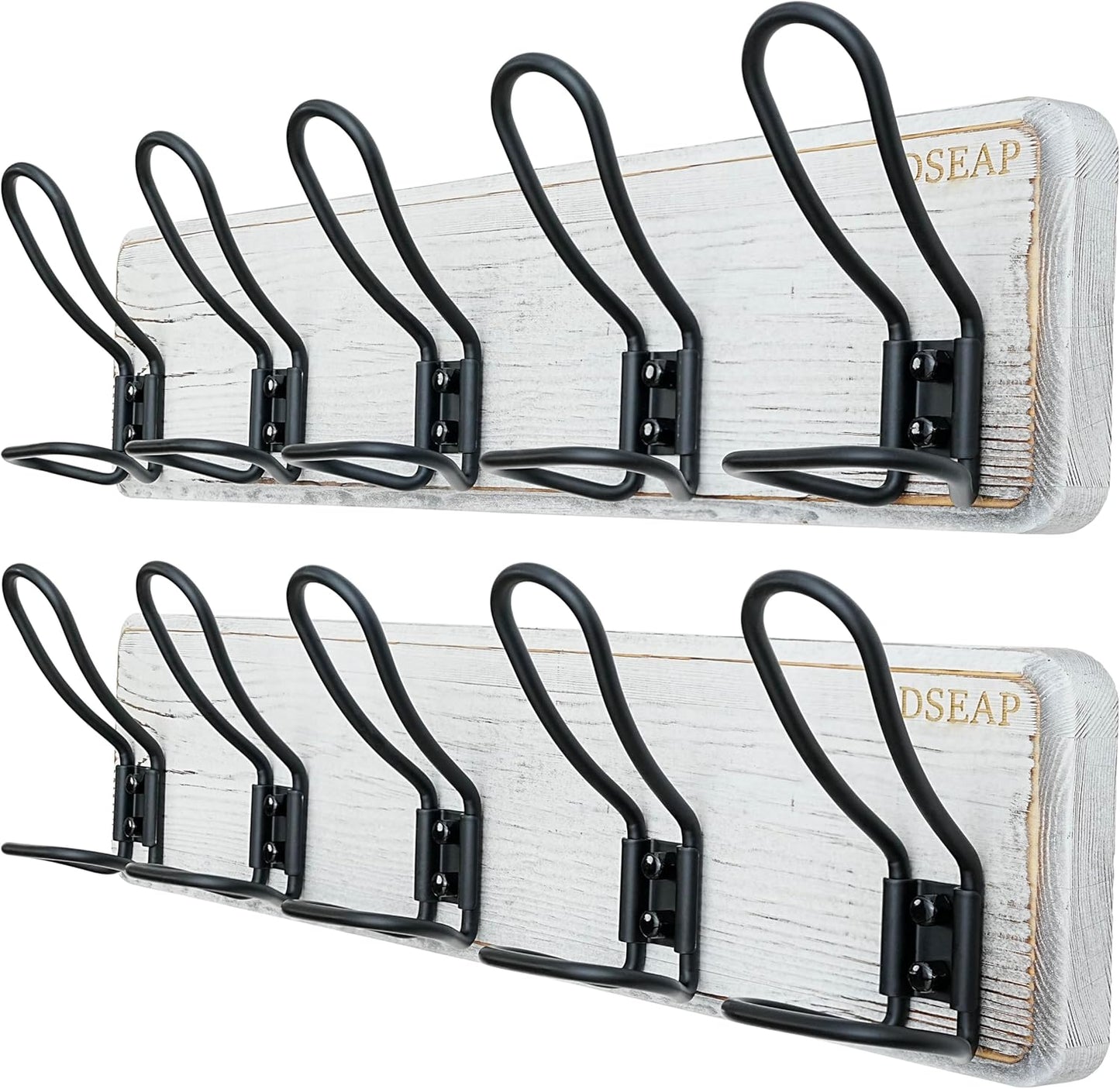 Dseap Coat Rack Wall Mounted - Heavy Duty Farmhouse Rustic Wall Coat Hanger With 5 Wire Hooks for Clothes Hat Jacket Towel, RusticWire, G25A, Whitewash & Black, Pack of 2