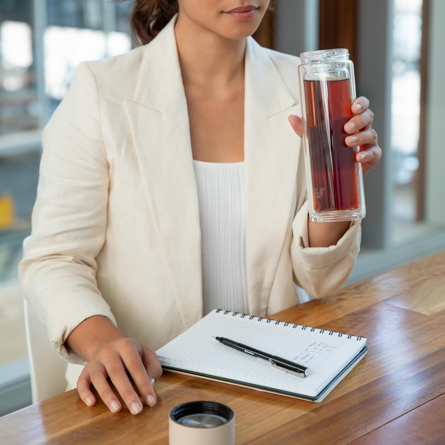 Glass Multi Tea Infuser Bottle 14oz - Double Wall Borosilicate Glass Flask | No Plastic Touches Contents | Perfect for Office or Home - Beige