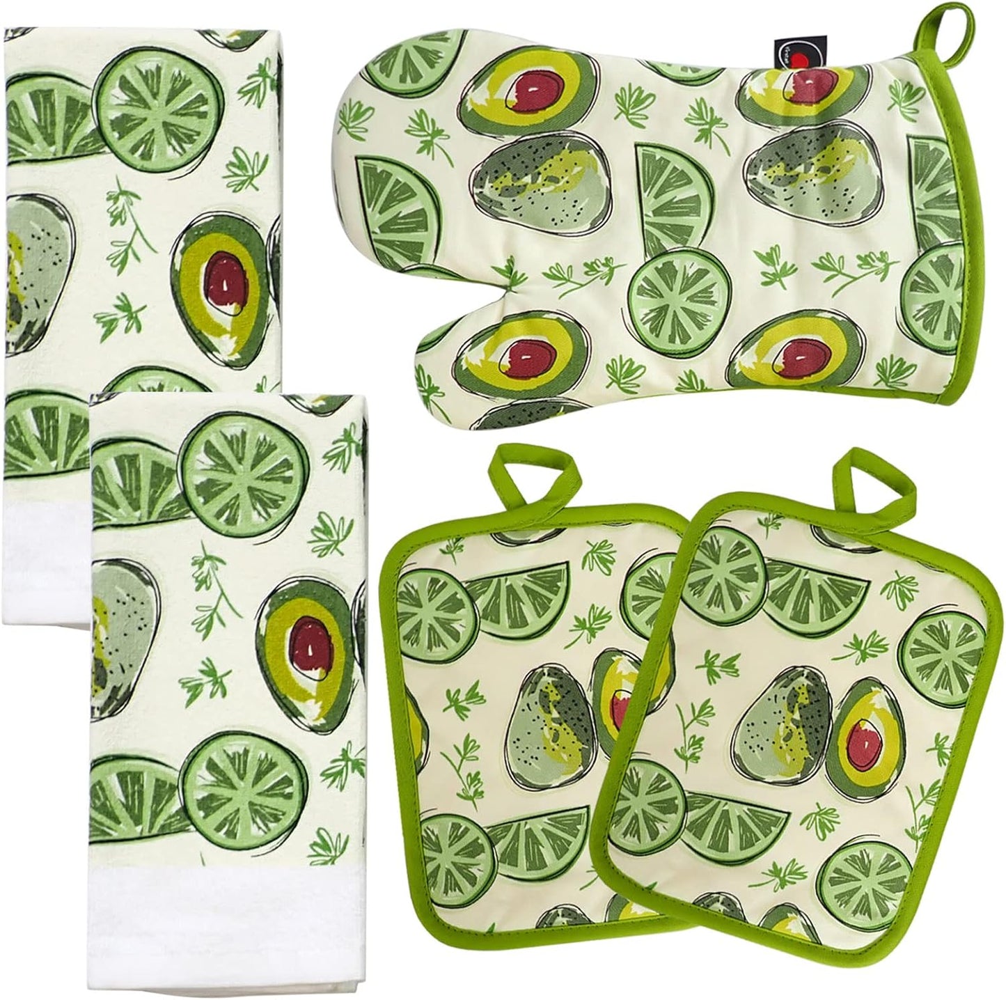Oven Mitts and Potholders Dish Towles Set 100% Cotton for Perfect for Gifting, Baking and Everyday Cooking Durable Heat Resistant for Kitchen (5-Piece Lemon Avocado)
