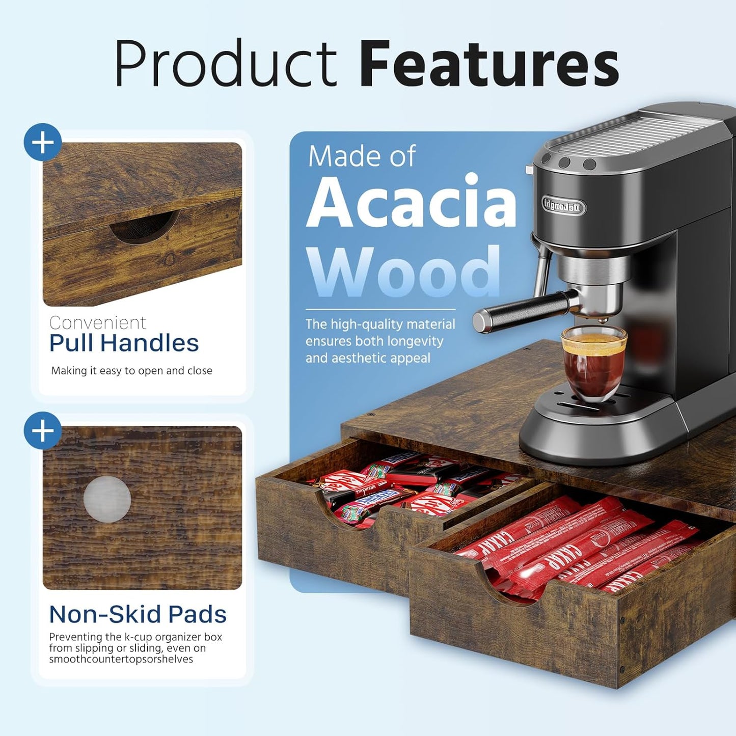 Simple Trending K Cup Organizer Coffee Pod Holder, Wooden K Pod Storage Drawer, Coffee Maker Machine Stand, 30 Pods Capacity