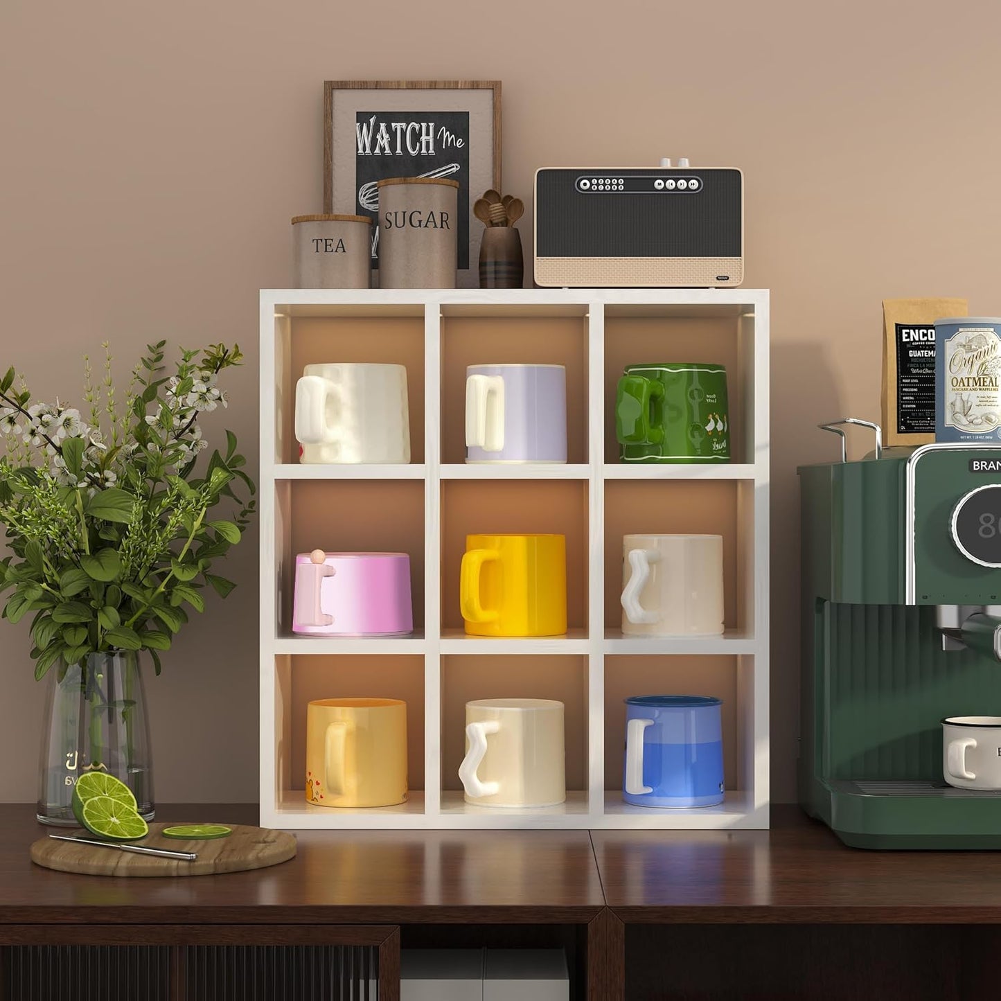 Helsin 9 Grid Vintage Coffee Mug Display Rack, 16inch Wall Mounted Wooden Curio Shadow Box Shelf, Cup Floating Shelves Display and Organizer (White)