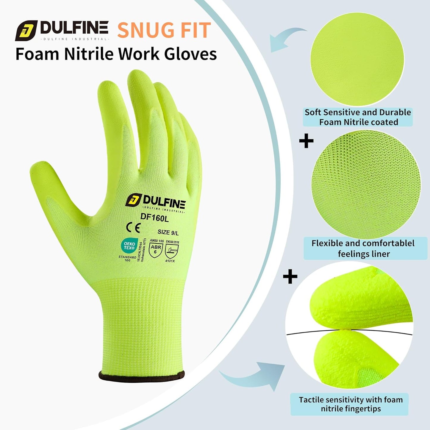 DULFINE Work Gloves for Men and Women,Hi-Vis Yellow Knit Nylon Glove with MicroFoam Nitrile Coated-12 Pairs Pack,Ideal for General Purpose,Automotive,Home Improvement,Painting(Large)