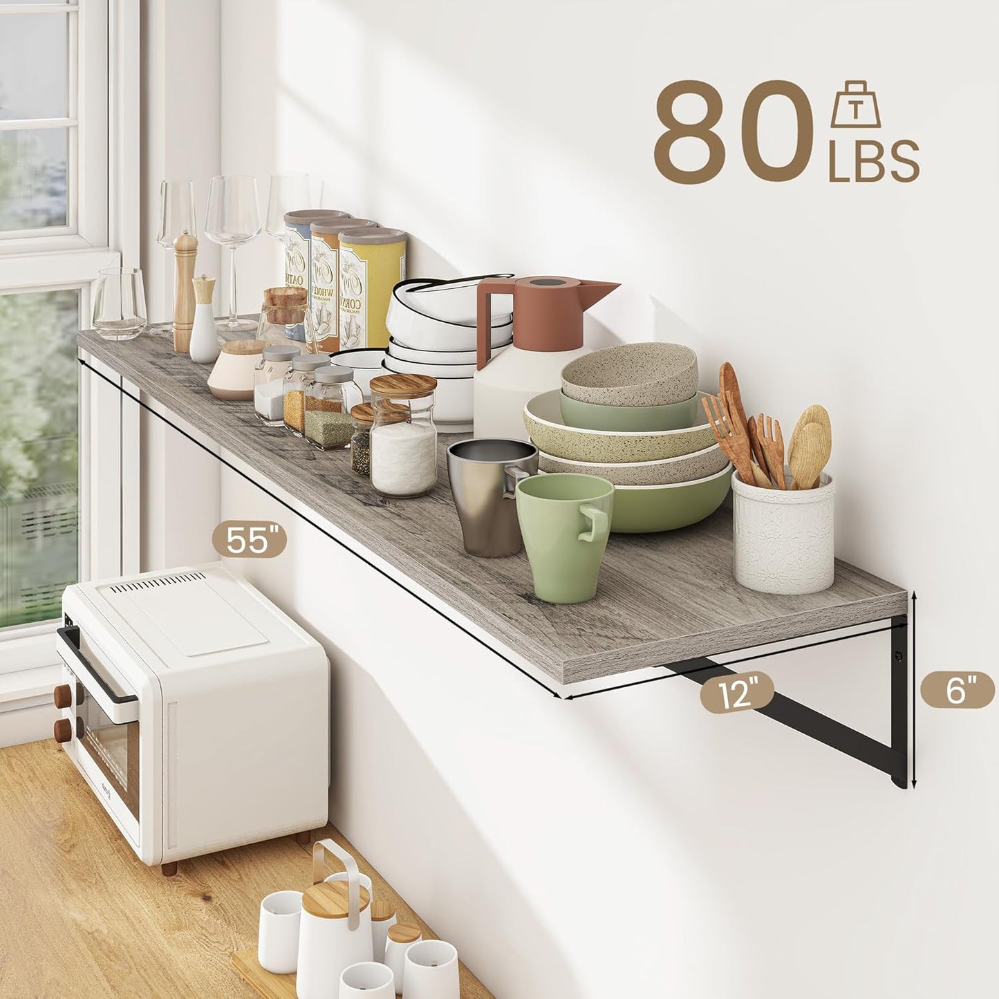 Dreamland Floating Shelves for Wall, 12 Inch Deep Floating Shelves Set of 2, 55W x 12D Large Wall Shelf with Sturdy Metal Brackets for Living Room, Bathroom, Bedroom and Kitchen, Grey