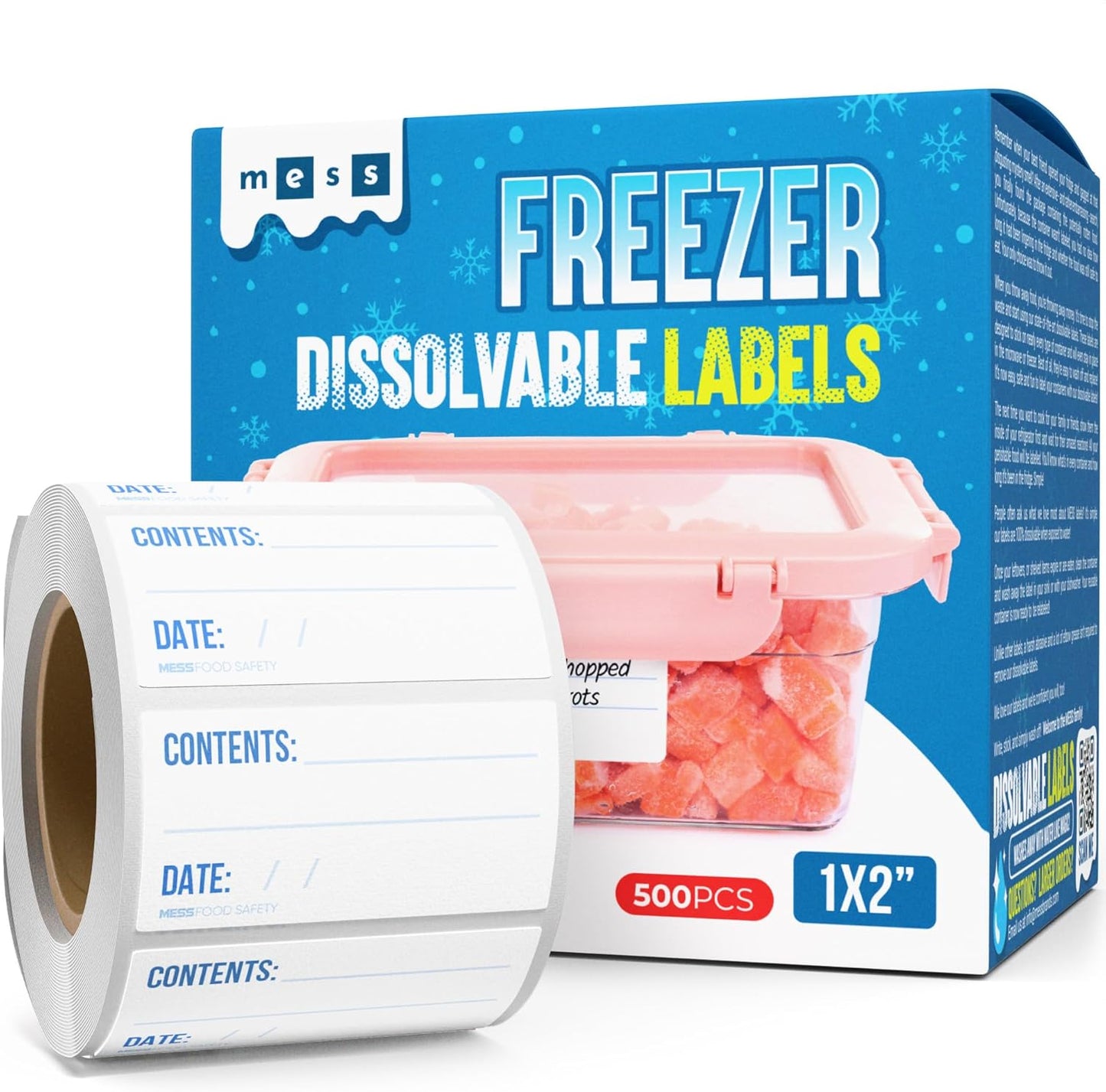 MESS Dissolvable Freezer Labels – 500-Pack – Removable Labels for Containers, Blank Food Storage Stickers, 1x2 in, Bottles, Jars & Freezer Use