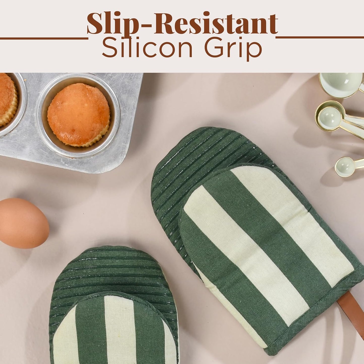 Folkulture Mini Oven Mitts Heat Resistant | (5.75 x9) Set of 2 Green Short Oven Mitts with Hanging Loop | 100% Cotton Oven Gloves | Kitchen Mittens, Matcha Small Silicone Oven Mits