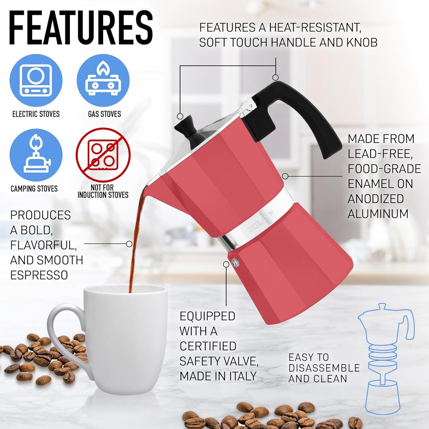 Zulay Moka Pot Espresso Stovetop Coffee Maker - Leak-Proof, Stainless Steel, Easy to Clean, Heat Resistant Handle & Knob - for Authentic Cuban & Italian Style Espresso - Makes 6 Espresso Cups - Red
