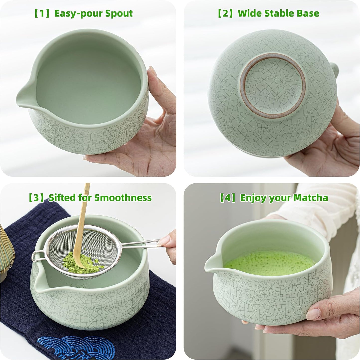 TEANAGOO Matcha Whisk Set Green,7 Pcs Matcha Set,Matcha Starter Kit for Ceremony,Matcha Tea Set for Making Breakfast/Latte,Green Matcha Bowl(Chawan) whith Spout and Whisk,Gift for Friend/Family