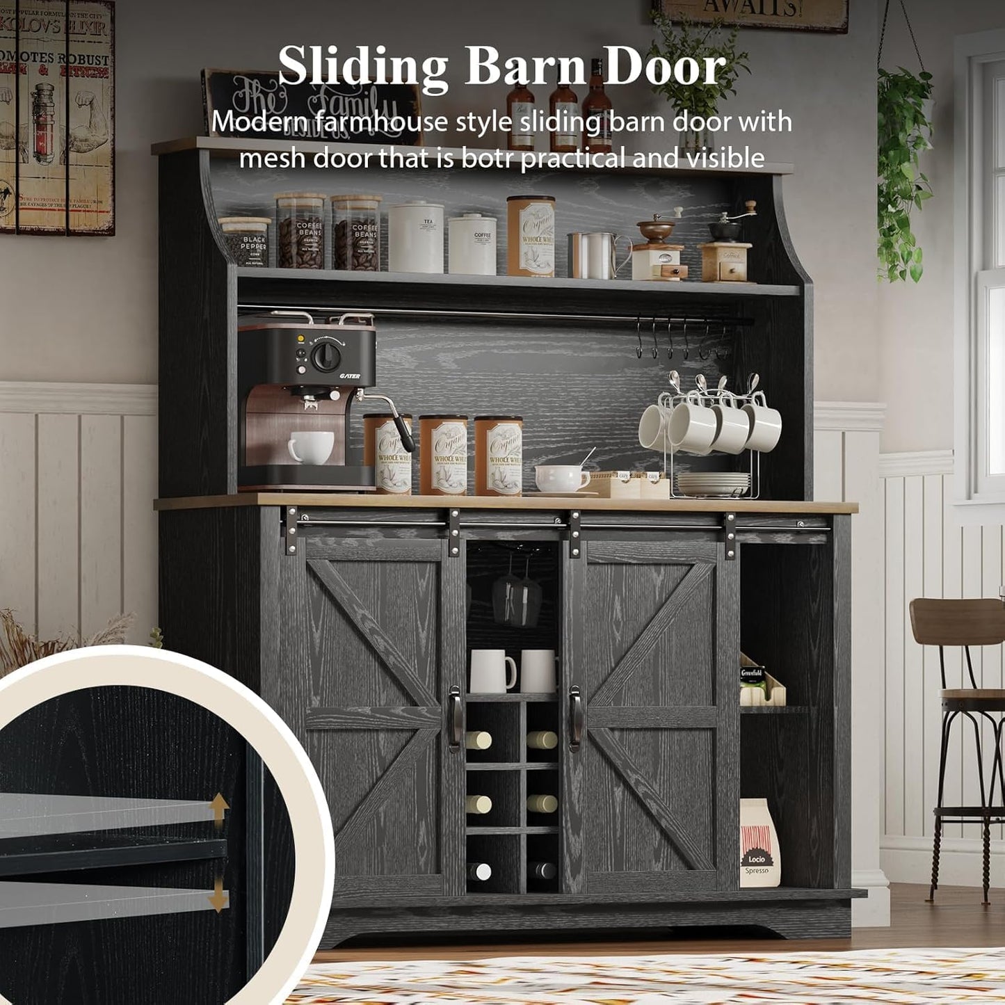 47 Inch Farmhouse Coffee Bar Cabinet with 3-Tier Storage, Coffee Bar Hutch with 9 Wine Racks, 3 Glass Holders, 6 Hooks, Kitchen Hutch for Dining Living Room, Black