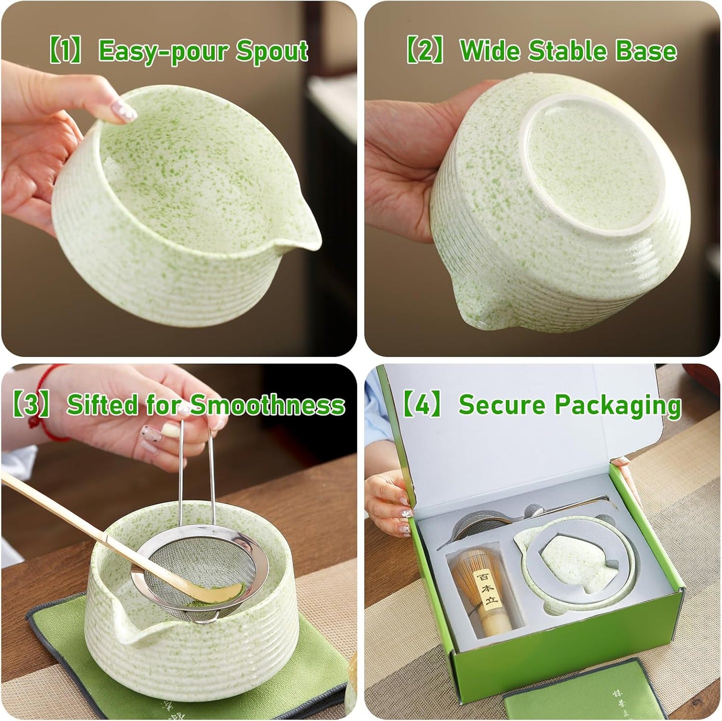 Matcha Whisk Set, Ceramic Matcha Set with Spout, Matcha Bowl Kit with Sifter, Whisk and Holder, Bamboo Scoop, Scoop Rest, Tea Towel, 7 Pcs Matcha Kit Set for Making Breakfast/Latte for Matcha Lovers