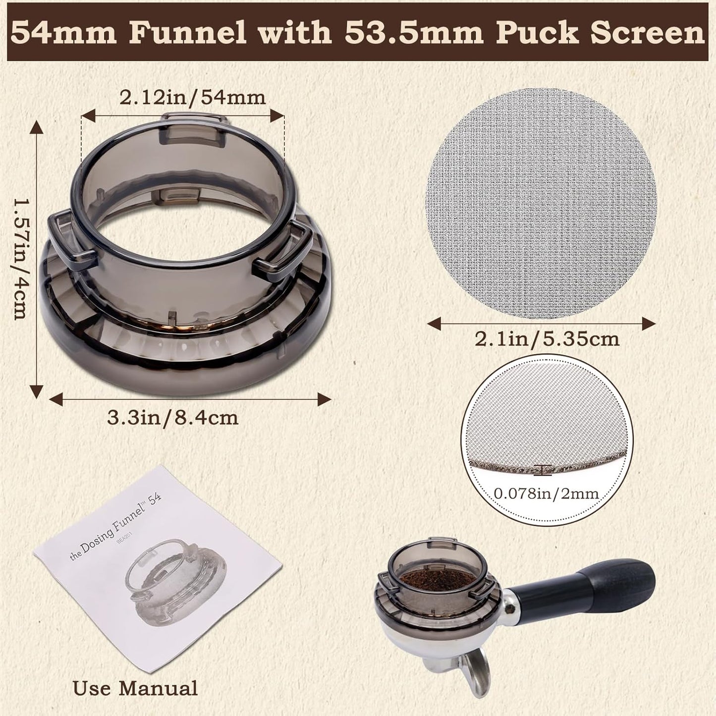 54mm Dosing Funnel with 53.5mm Puck Screen, Catcan Espresso Portafilter Funnel for Breville Series Barista