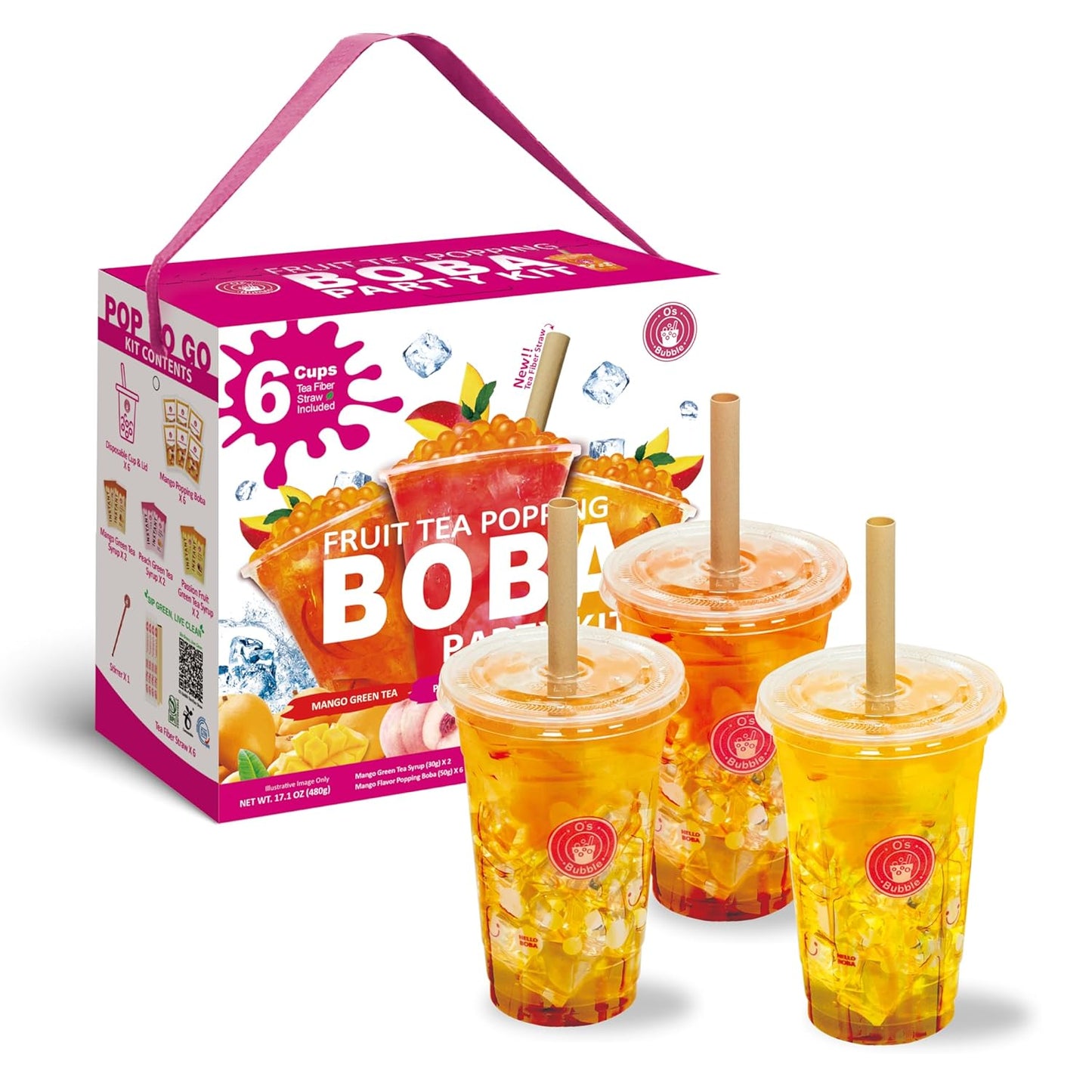 O's Bubble Boba Tea Kit - 6 Servings Bubble Tea Kit - Popping Boba Party Kit - 3 flavors Popping Boba Kit - 6 Packs of Syrups and 6 packs of Popping Boba - All in One Boba Kit for Popping Boba Tea Lovers