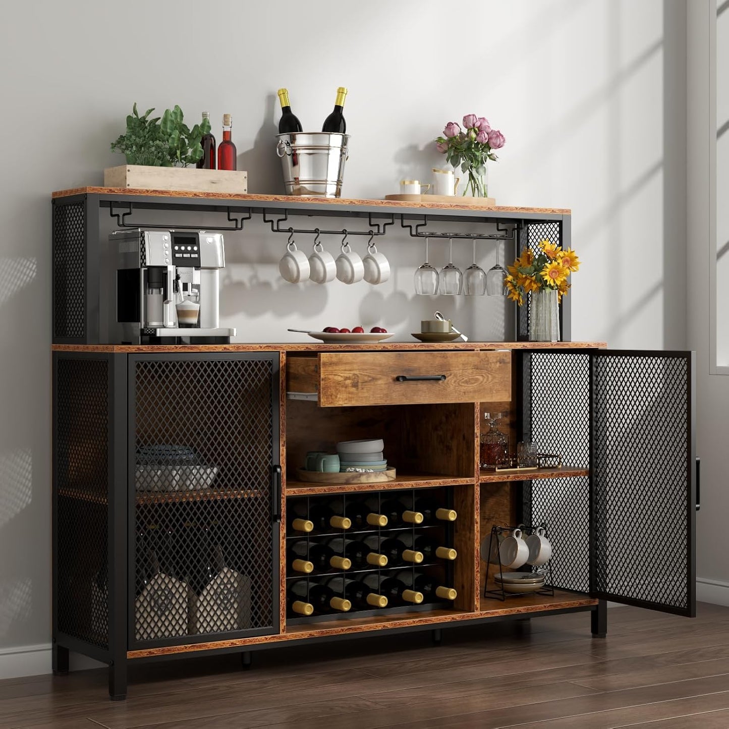Wine Bar Cabinet with Drawer and LED Lights, 55 Inches Industry Coffee Bar Cabinet with Wine Rack and Glass Goblet Holder, Kitchen Sideboard Buffet Cabinet for Liquor and Goblet