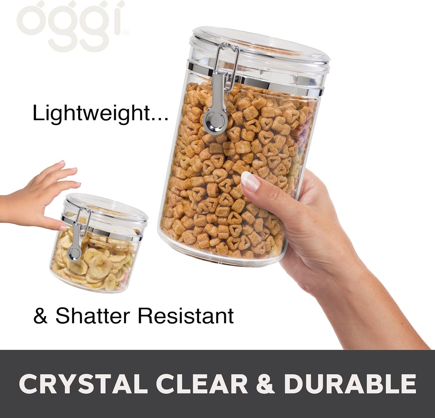 Oggi 4pc Clear Canister Set with Clamp Lids Airtight Containers in Sizes Ideal for Kitchen & Pantry Storage of Bulk, Dry Foods Including Flour, Sugar, Coffee, Rice, Tea, Spices & Herbs