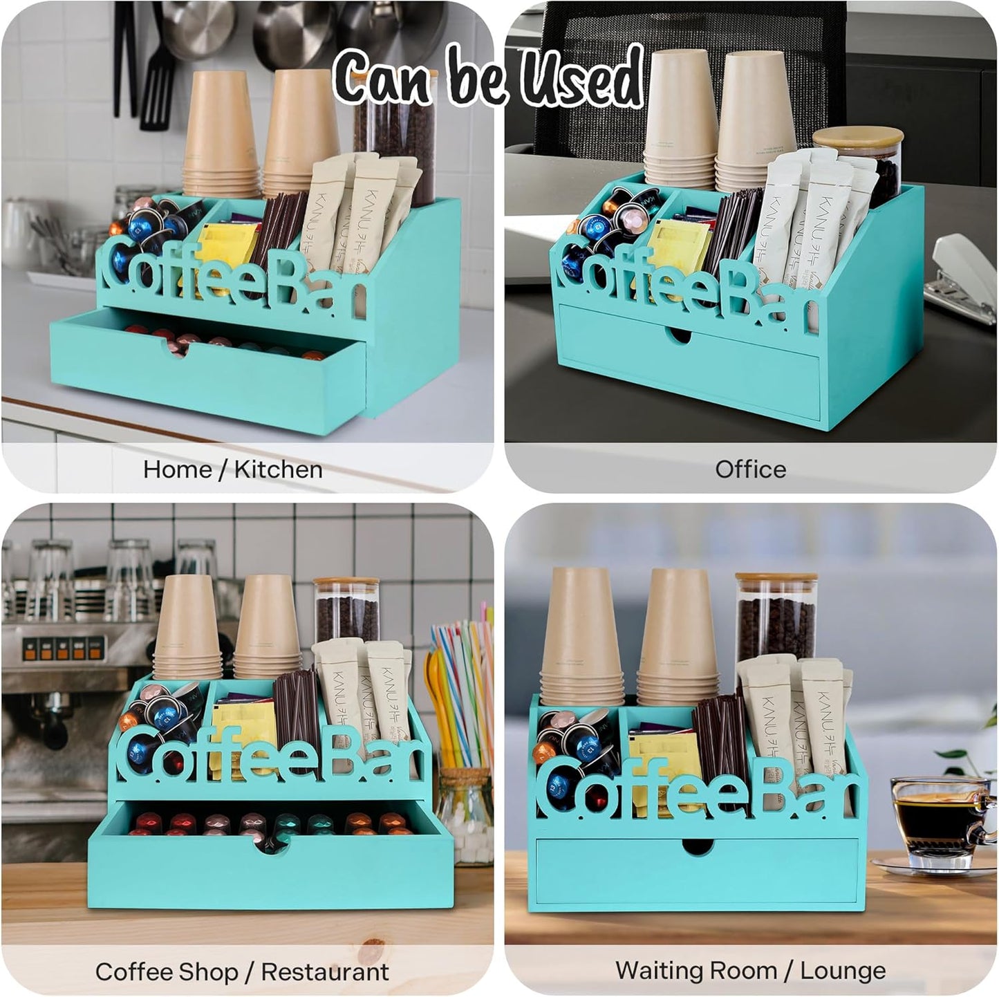 Coffee Bar Organizer for Countertop – Wooden Coffee Station with Black Drawer, Tea and K Cup Storage Rack, Coffee Pod Holder for Home and Office Counter Organization (Drawer - Turquoise)