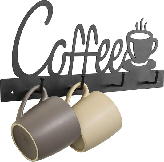MyGift Black Metal Coffee Mug Rack Wall Mounted Holder with 4 Hooks and Coffee Word Sign and Cup Cutout Design