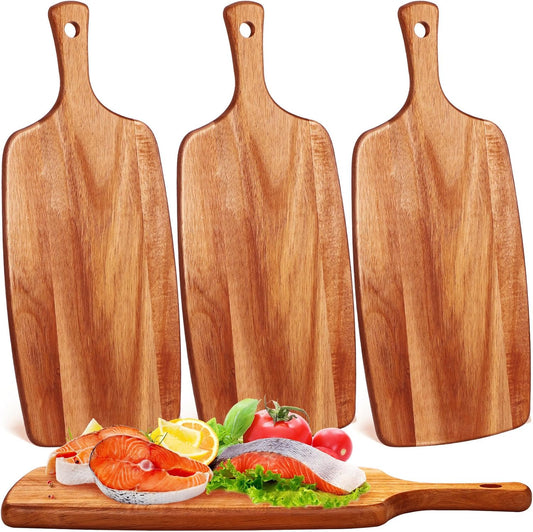 Kathfly 3 Pcs Acacia Wood Cutting Board with Handle Wooden Laser Kitchen Serving Charcuterie Board for Vegetables Meat Pizza Cheese Fruit Bread(17 x 7 Inch)