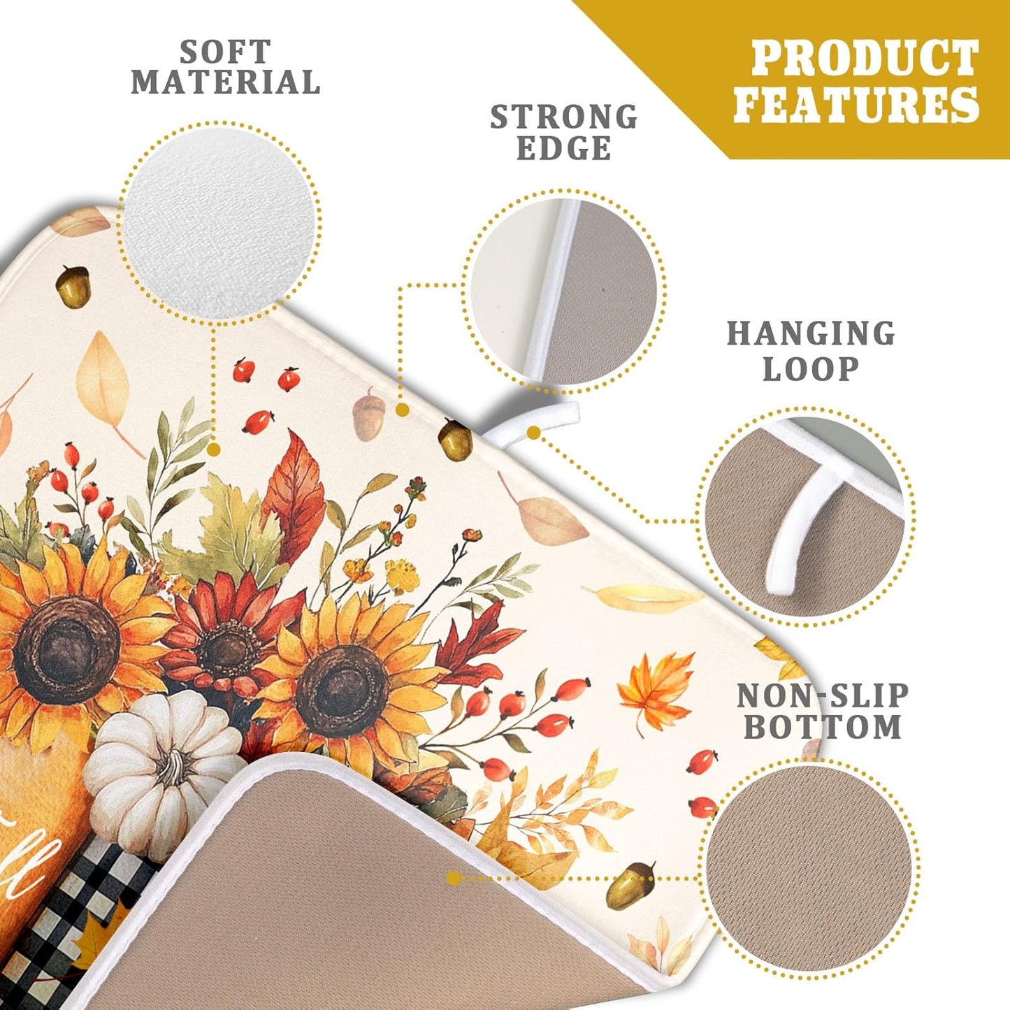 Autumn Sunflowers Vase Dish Drying Mat for Kitchen Counter,Fall Pumpkin Maple Leaves Drying Mat 16 x 18 Inch with High Absorbent Microfiber Dish Drying Drainer Mat for Coffee Bar