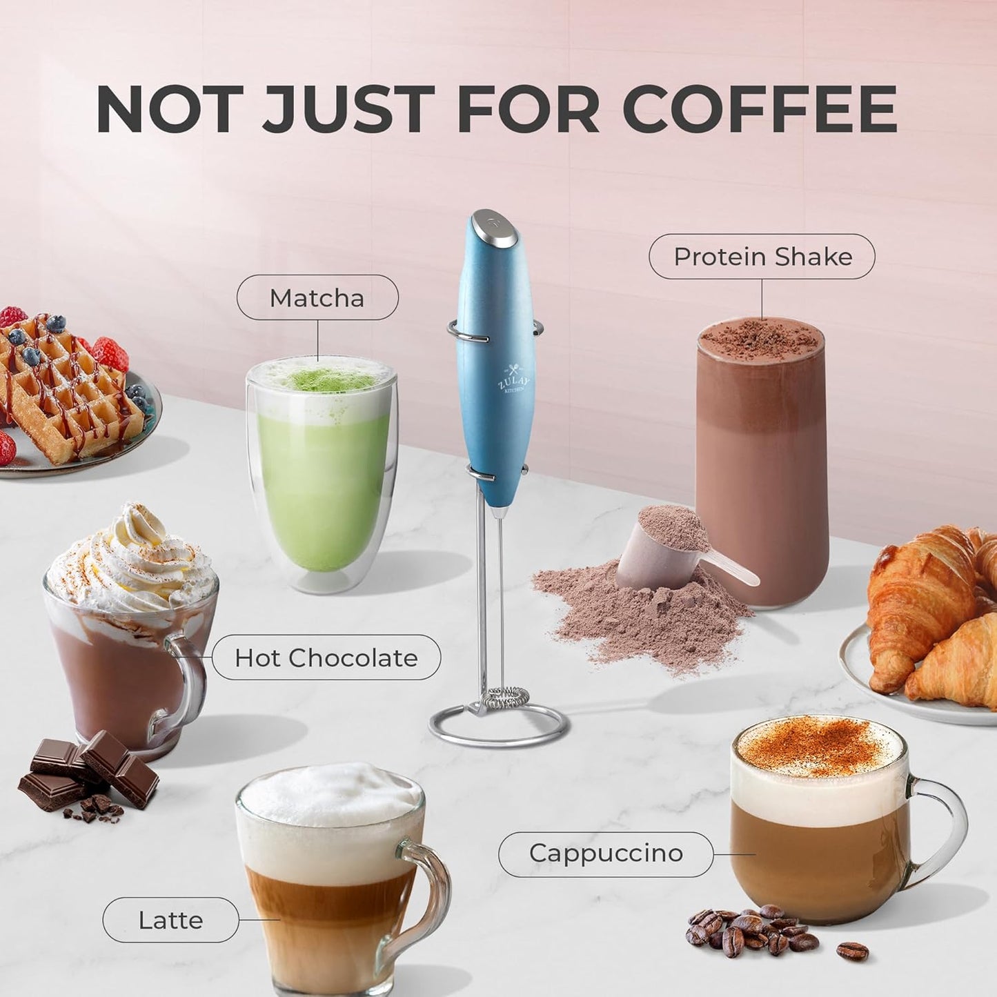 Zulay Kitchen Powerful Milk Frother Wand With 4 AA Duracell Batteries - Ultra Fast Handheld Drink Mixer - Electric Whisk Foam Maker for Coffee, Lattes, Cappuccino, Matcha & Creamer -