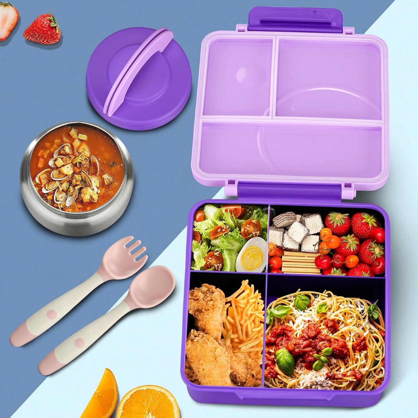 Bento Lunch Box for Kids with 8oz Soup Thermo&Lunch Bag, Leak-Proof Lunch Food Containers with 4 Compartment, Hot Food Insulated Food Jar for Kids School (Purple)