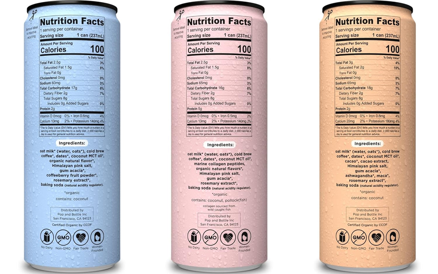 Pop & Bottle, Oat Milk Lattes - Cold Brew, Maca, Antioxidants, Ashwagandha, MCT Oil, Collagen, Organic, Diary Free, Gluten Free, Lightly Sweetened with Dates - Variety, 8 Fl Oz (6 Pack)