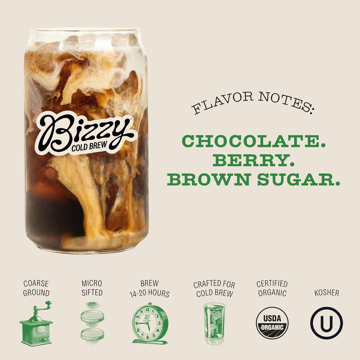 Bizzy Organic Cold Brew Coffee | Espresso Blend | Coarse Ground Coffee | Medium-Dark Roast | Micro Sifted | Specialty Grade | 100% Arabica | 1 LB