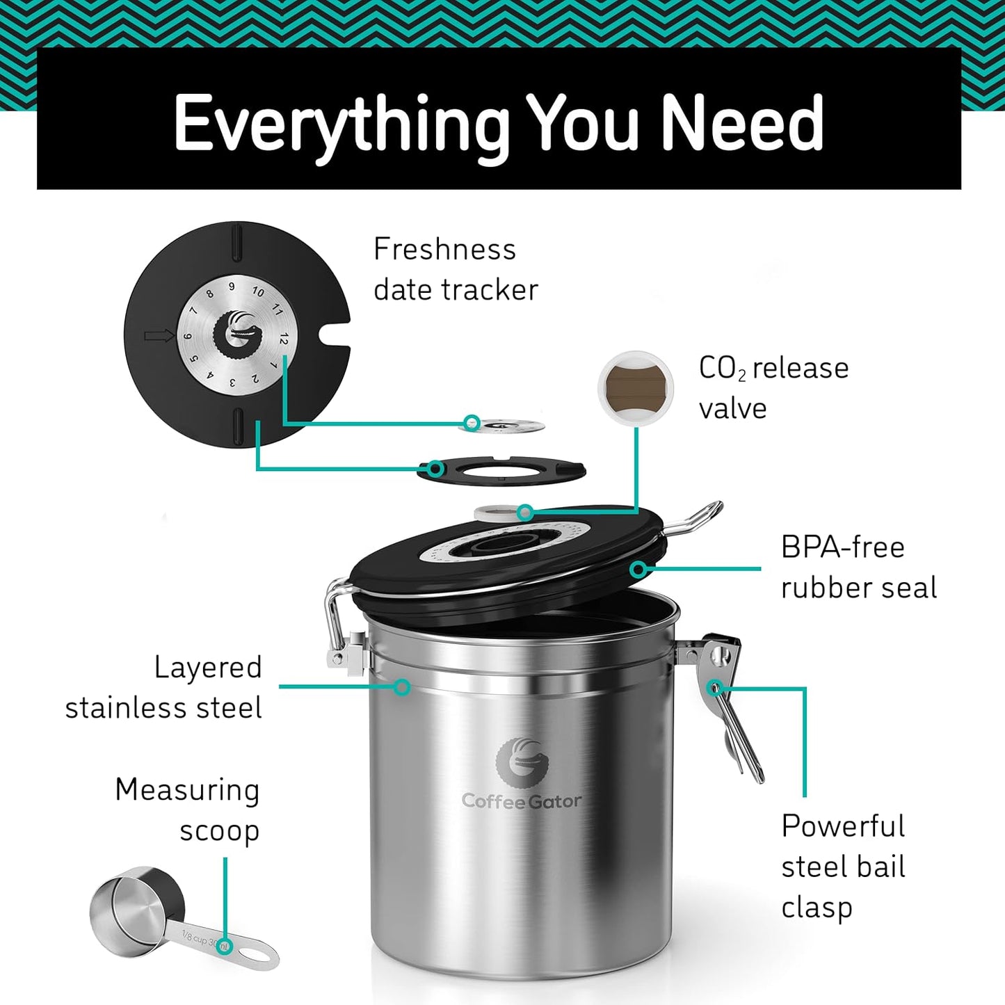 Coffee Gator Coffee Canister, 16oz Airtight Stainless Steel Kitchen Food Storage Container with Date Tracker, CO2-Release Valve and Scoop for Sugar, Beans, Tea, Sugar, Cereal, Cookies Jars - Black