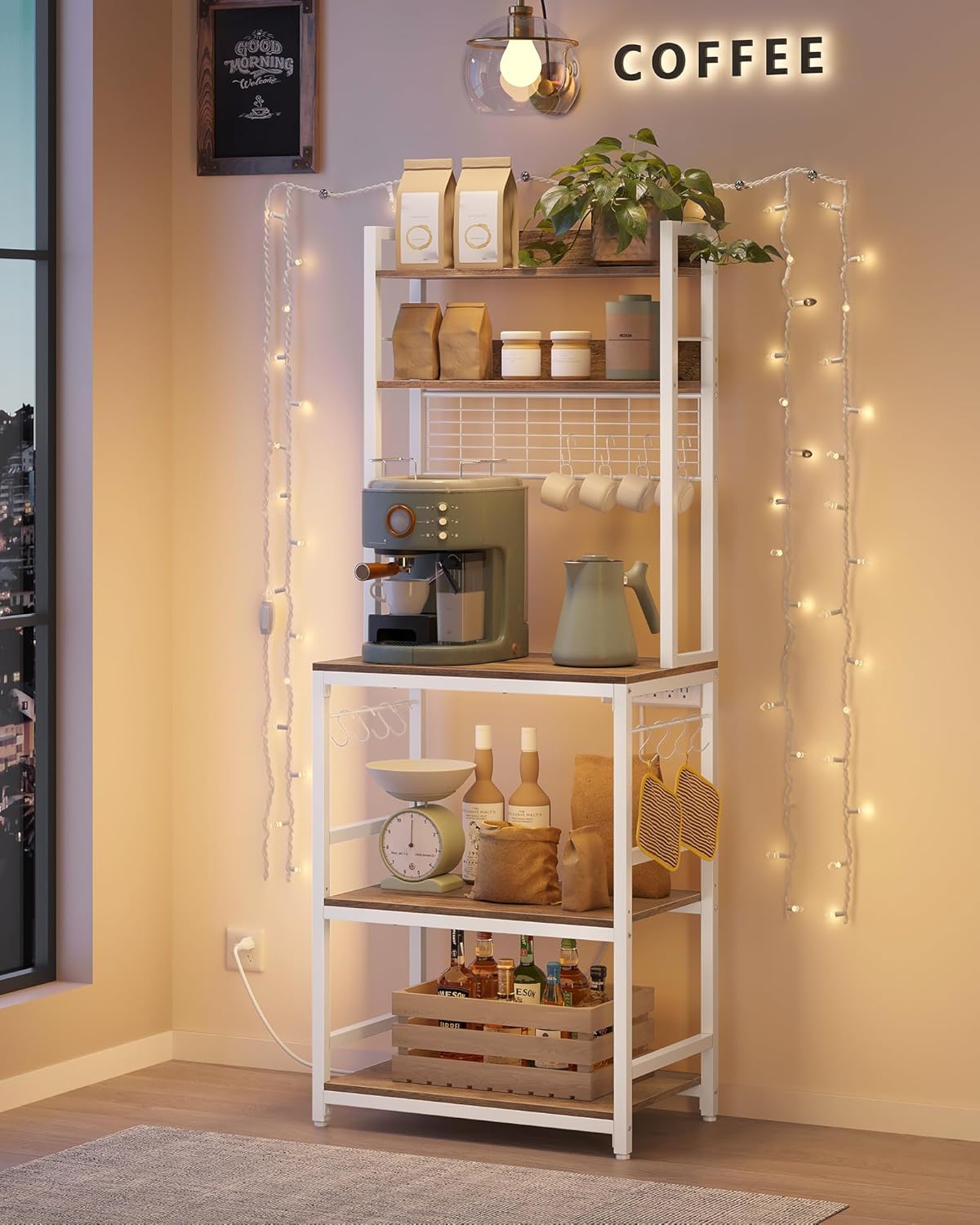 VASAGLE Hutch Bakers Rack with Power Outlet, 14 Hooks Microwave Stand, Adjustable Coffee Bar with Metal Wire Panel, Kitchen Storage Shelf, 15.7 x 23.6 x 66.9 Inches, Rustic Walnut and White UKKS037W41