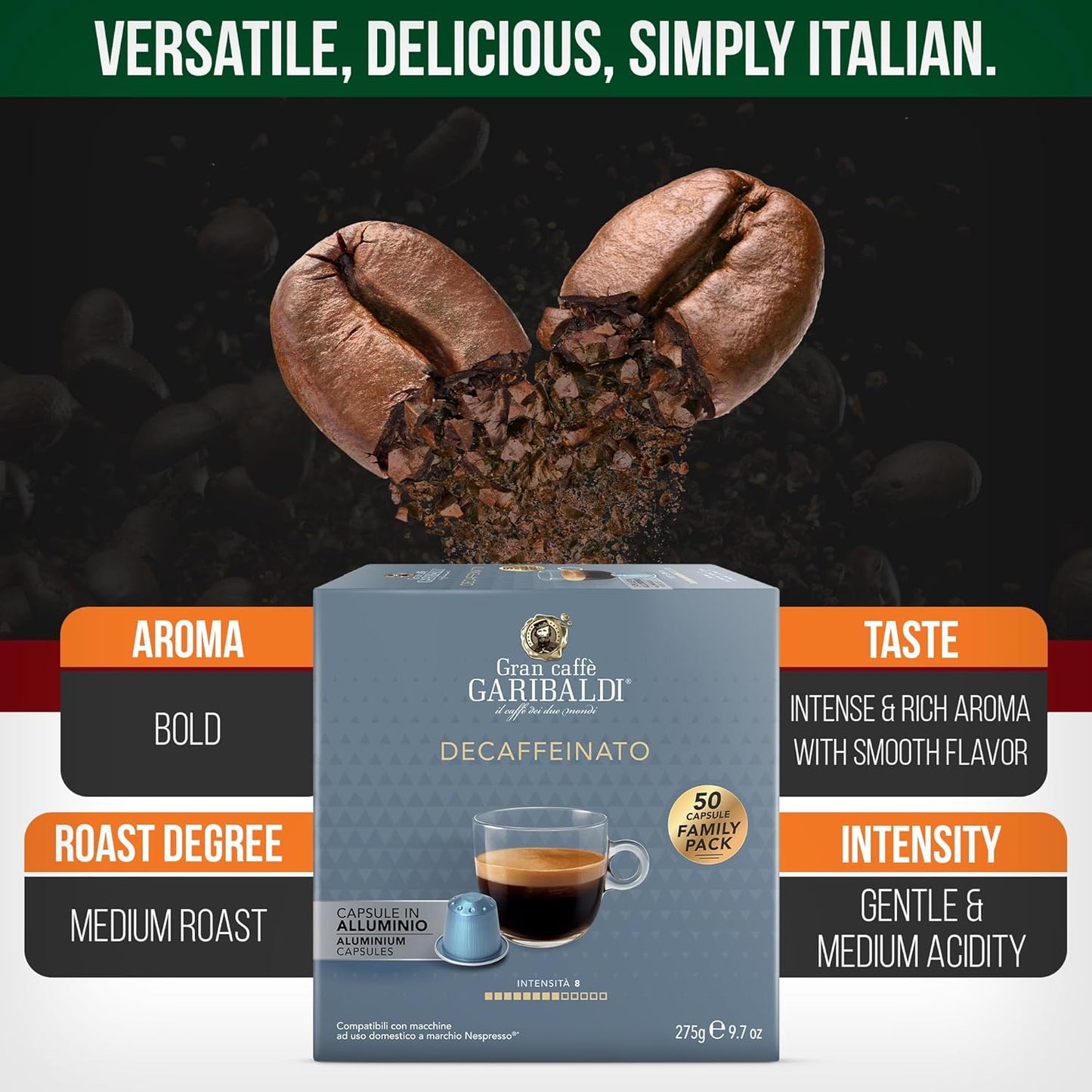 Gran Caffè Garibaldi Decaffeinated Espresso Pods, Italian Roasted Coffee, Decaf Capsules Compatible with Nespresso Original Line Machines, Nitrogen Flushed Intense & Rich Aroma - Decaffeinato (Aluminum) 200 Cups