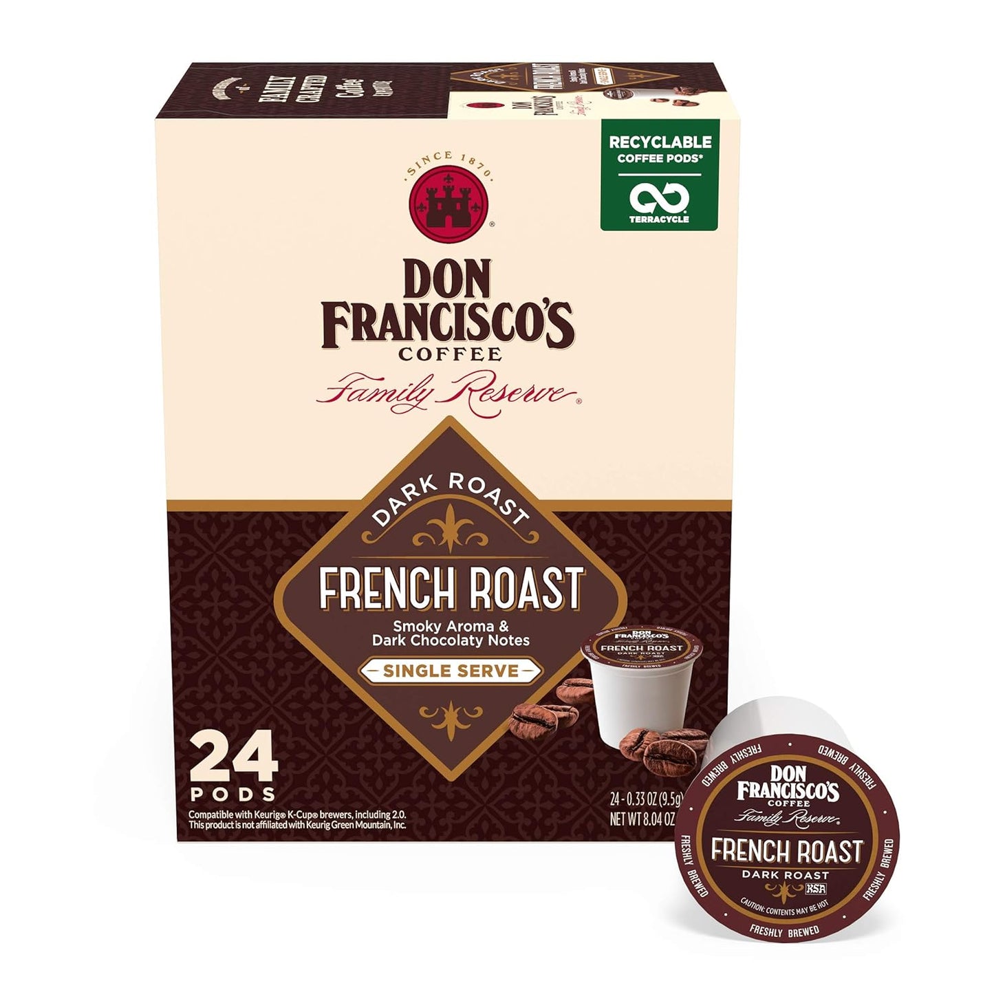 Don Francisco's French Dark Roast Coffee - 24 K-Cup Compatible Single-Serve Pods - Bold, Smoky Flavor with Chocolate Notes - 100% Arabica - Compatible with Keurig Brewers