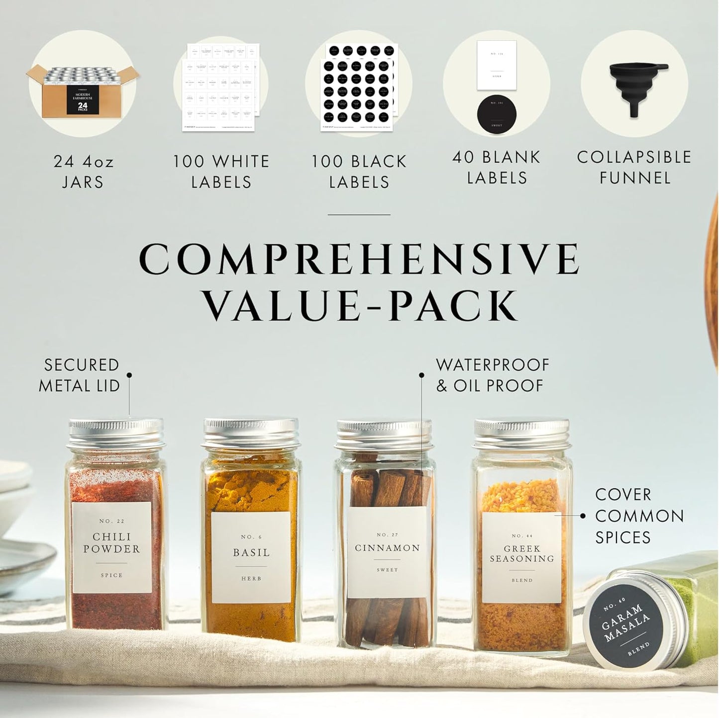 FINESSY Glass Spice Jars with Labels with Metal Lids and Shakers 24 Pack Set, 4oz Small Empty Air Tight Spice Containers with Labels, Clear Seasoning Containers Herb Bottles Kitchen Storage Organizer