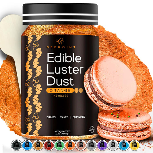 BeePoint Orange Edible Luster Dust 15g - Food Grade, Vibrant Color Shimmer Powdered Dust for Drinks, Cocktails, Cake Decorating, Baking, Chocolates, Candy, Sweets, & Cookies - Vegan & Gluten Free