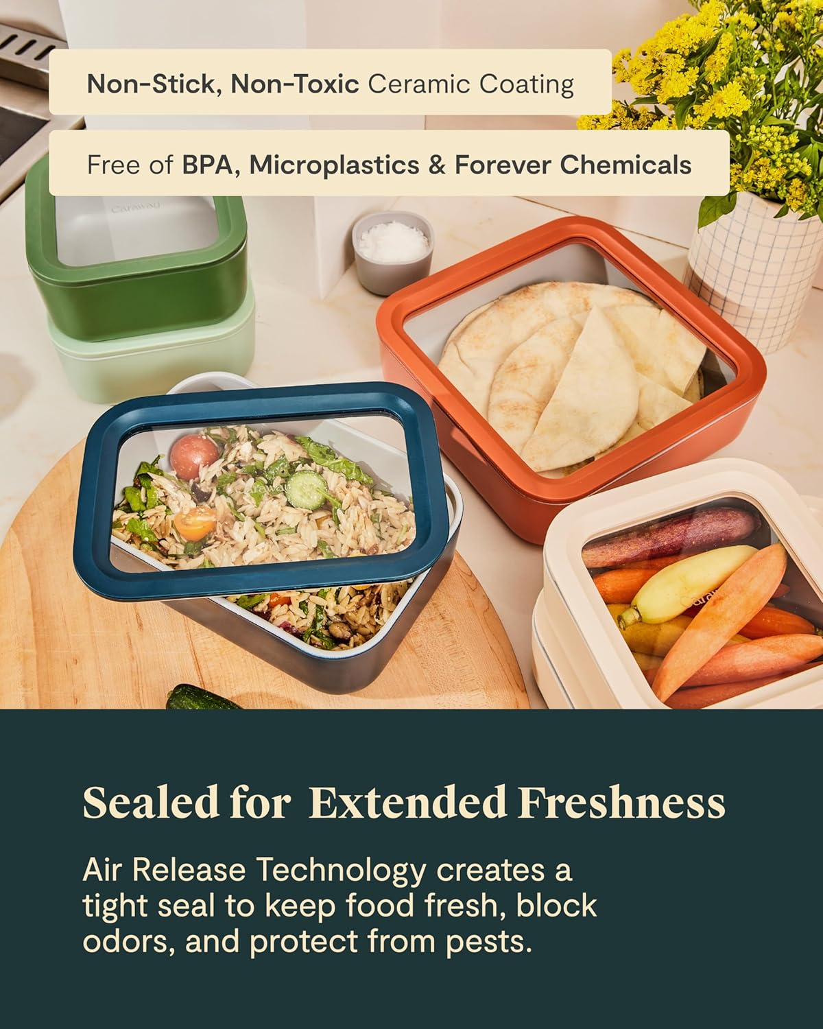 Caraway 25pc Glass Food Storage Set - Glass Storage Containers for Food - Non-Toxic Ceramic-Coated Glass - Air Release Technology - Compact & Stackable Design - Perracotta