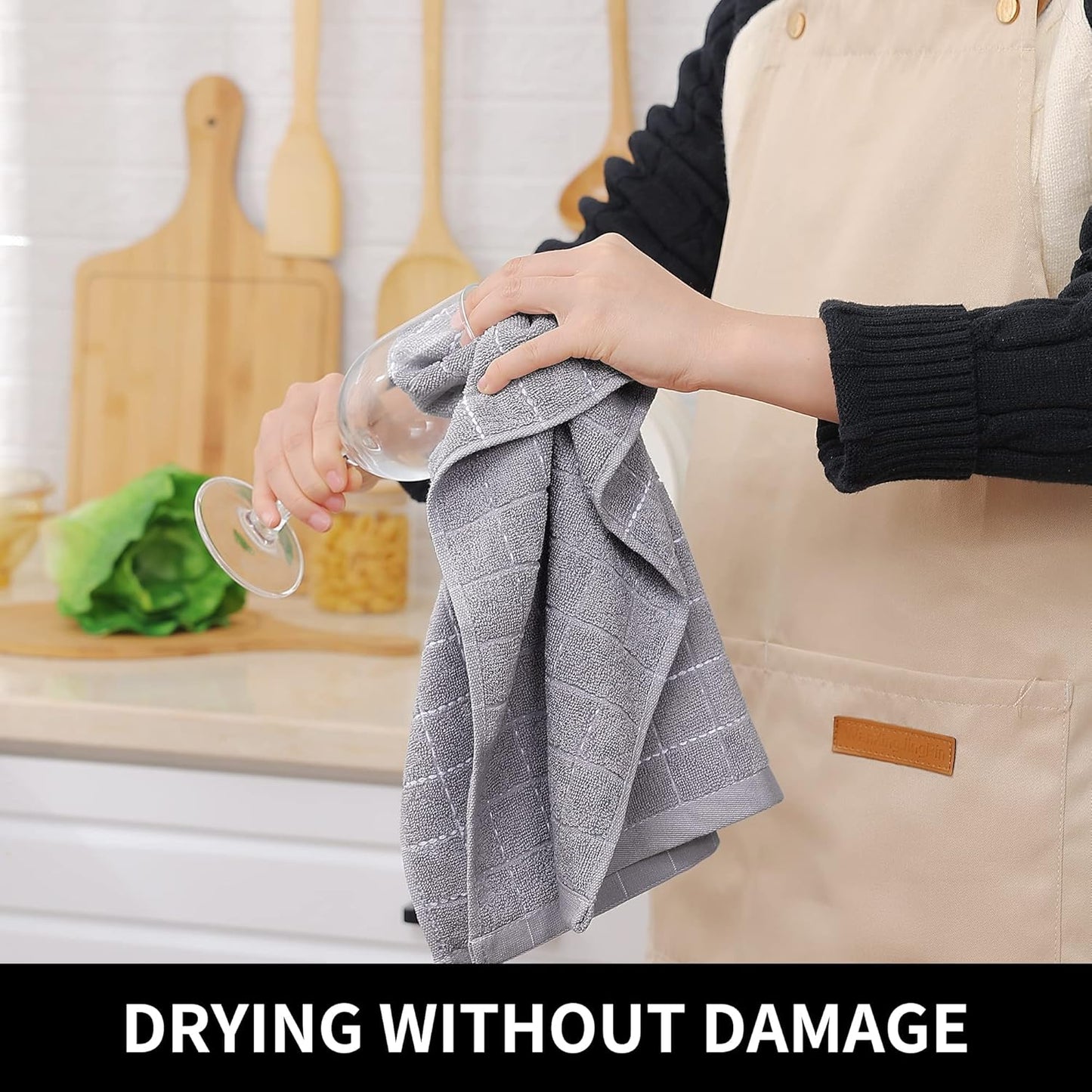 Homaxy 100% Cotton Terry Kitchen Towels(Light Grey, 13 x 28 inches), Checkered Designed, Soft and Super Absorbent Dish Towels, 12 Pack