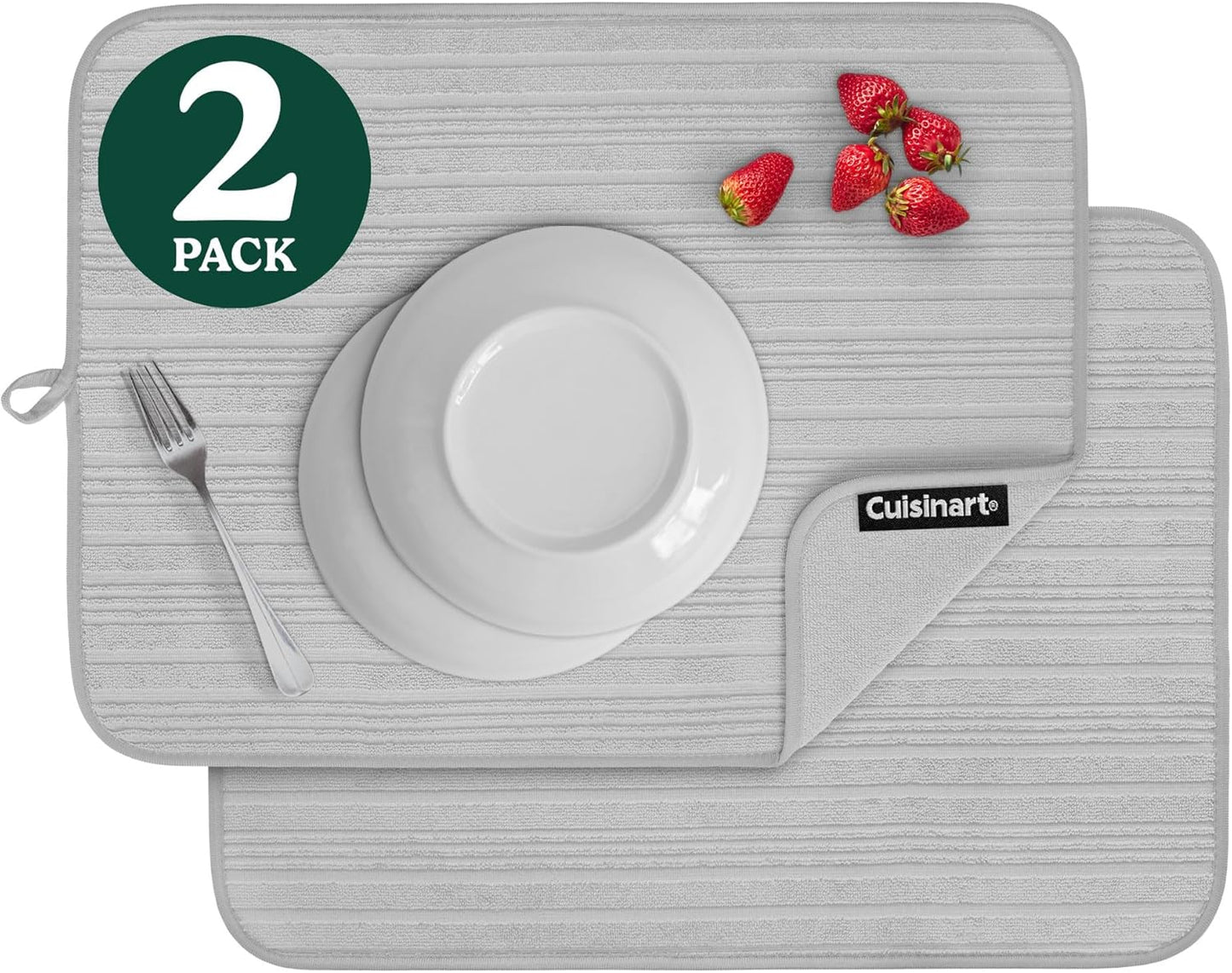 Cuisinart Dish Drying Mats for Kitchen Counter - (2) 18" x 24" Ultra Absorbent Dish Drying Mat XL - Foldable, Machine Washable, Fast Drying Dish Mat (Horizontal Stripes)