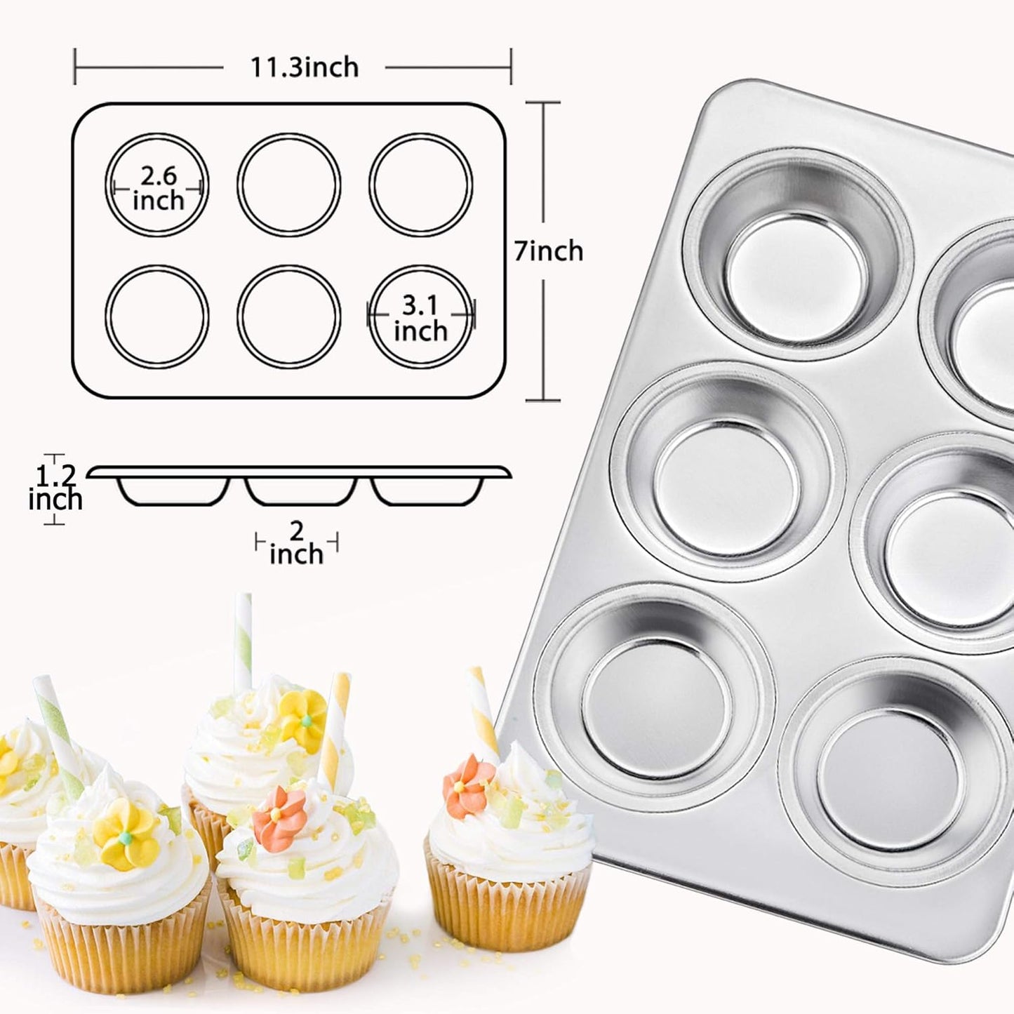 TeamFar Muffin Pan, 6 Cup Muffin Baking Tins Pans, Cupcake Pan Tray Set Stainless Steel for Baking Cakes Cornbread Tarts and More, Healthy & Non Toxic, Oven & Dishwasher Safe - Set of 3