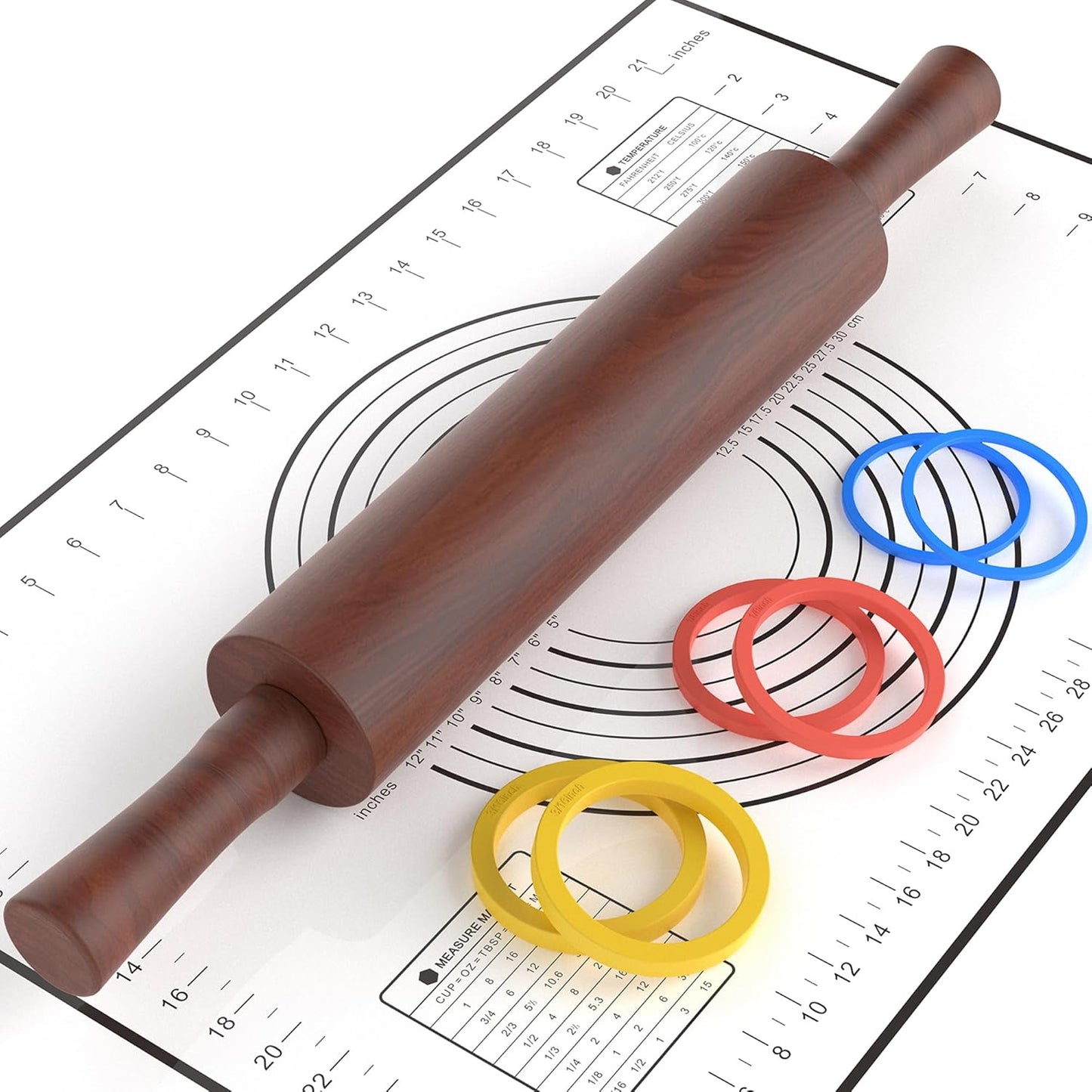 Classic Wooden Rolling Pin with Handle and Pastry Mat for Fondant, Pizza, Pies, Cookies,Rolling Pin for Baking with 3 Multi-Color Thickness Rings,17" x 2.5" (Include handle)