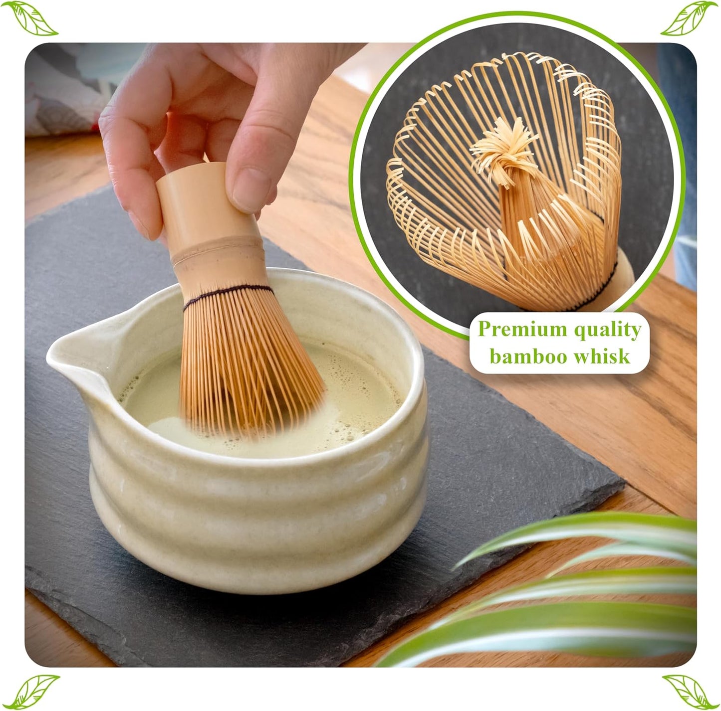 Marce Matcha Whisk Set- Matcha Set includes Matcha Whisk and Bowl (Bowl with Spout), Sifter, Holder and Scoop- The Perfect Bamboo Whisk for Matcha Tea (Molted Green)