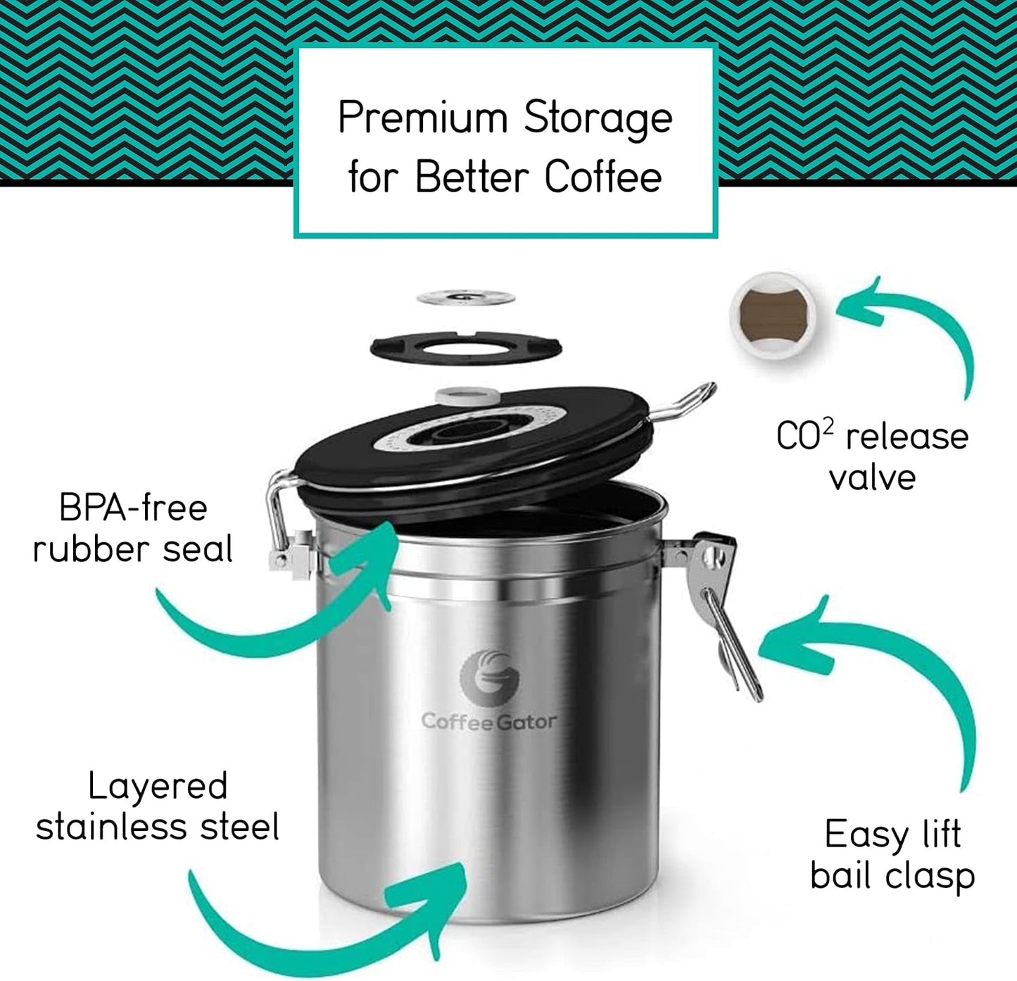 Coffee Gator Stainless Steel Coffee Grounds and Beans Container Canister with Date-Tracker, CO2-Release Valve and Measuring Scoop, Small, Gray